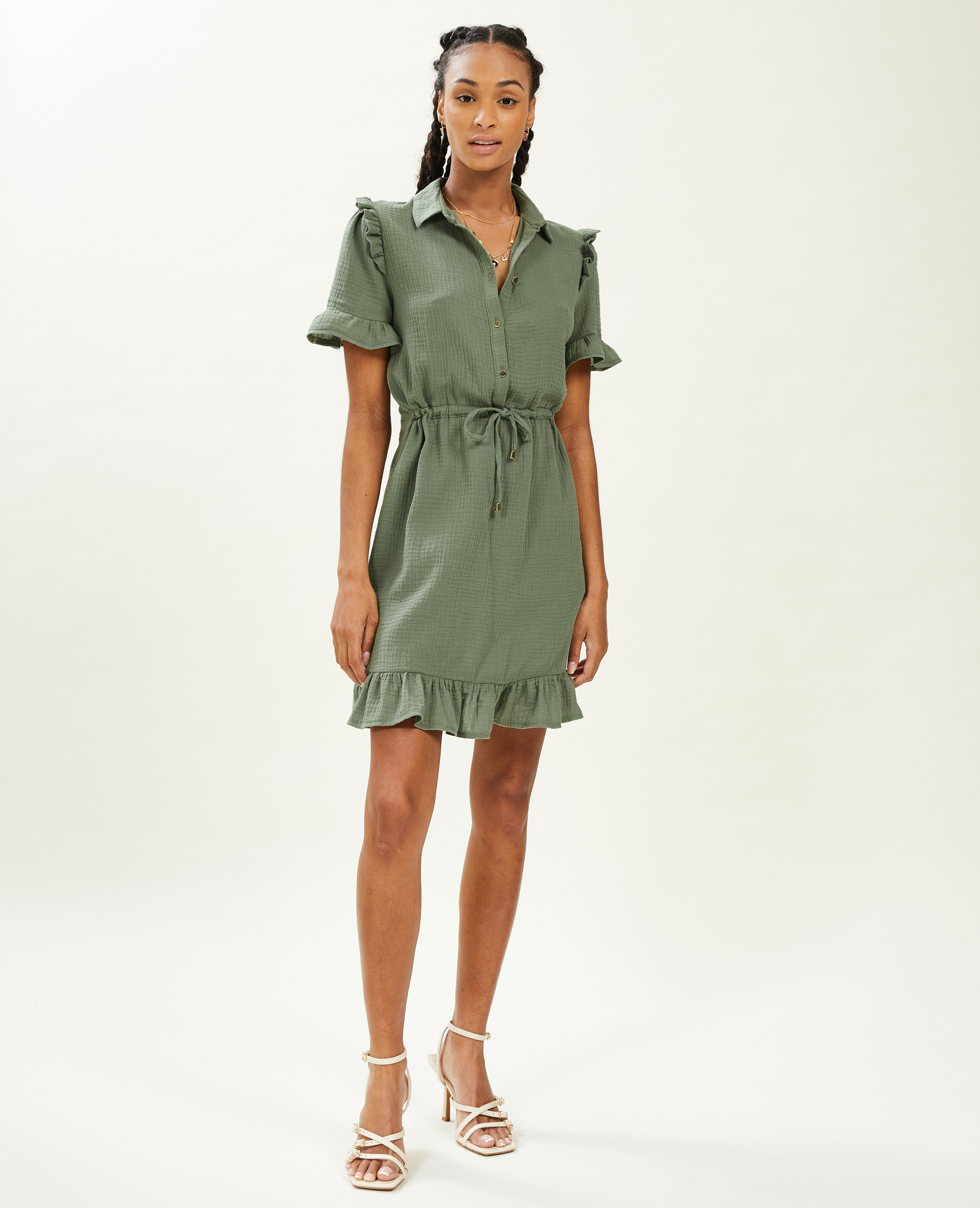 Robe courte boutonnée en gaze de coton vert de gris - Pimkie