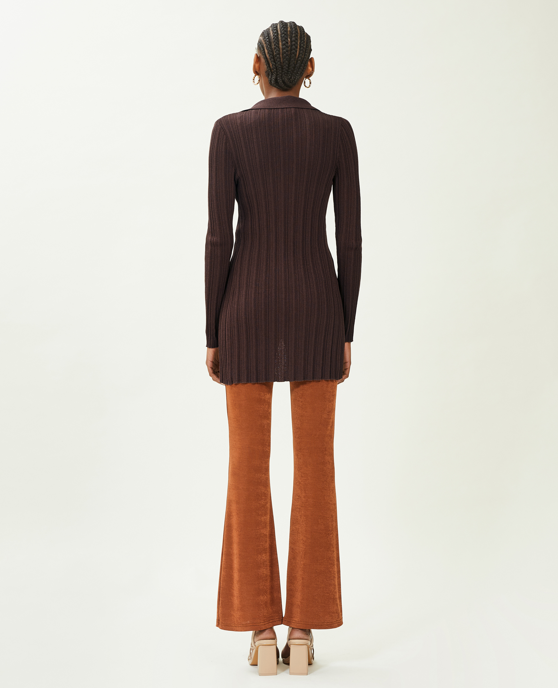 Gilet long en maille côtelée col polo marron - Pimkie