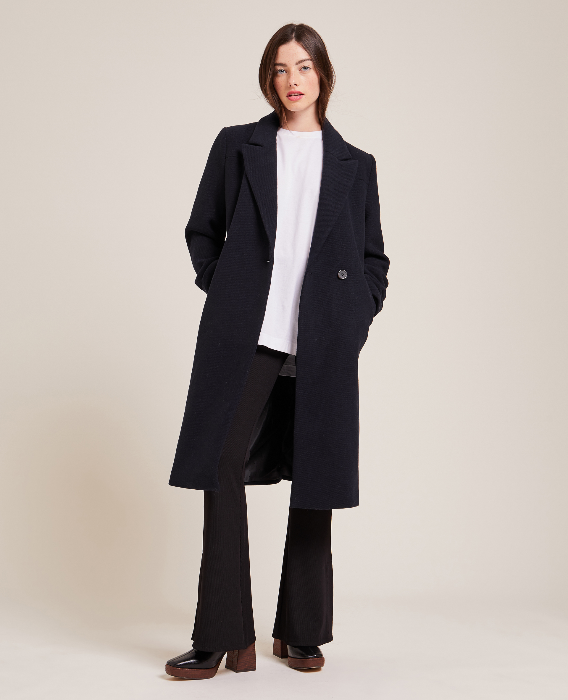 Manteau long drap de laine bleu marine - Pimkie