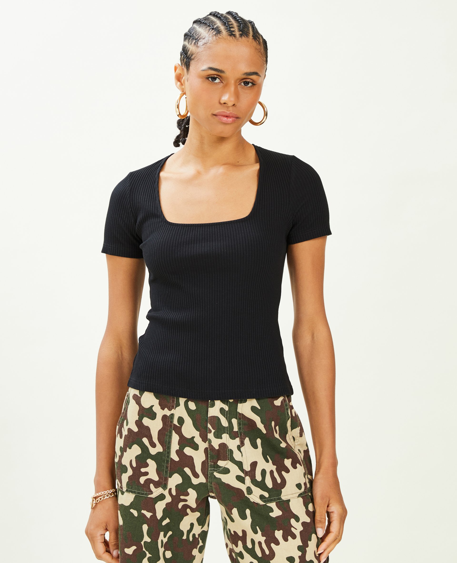 Top encolure carrée maille côtelée noir - Pimkie
