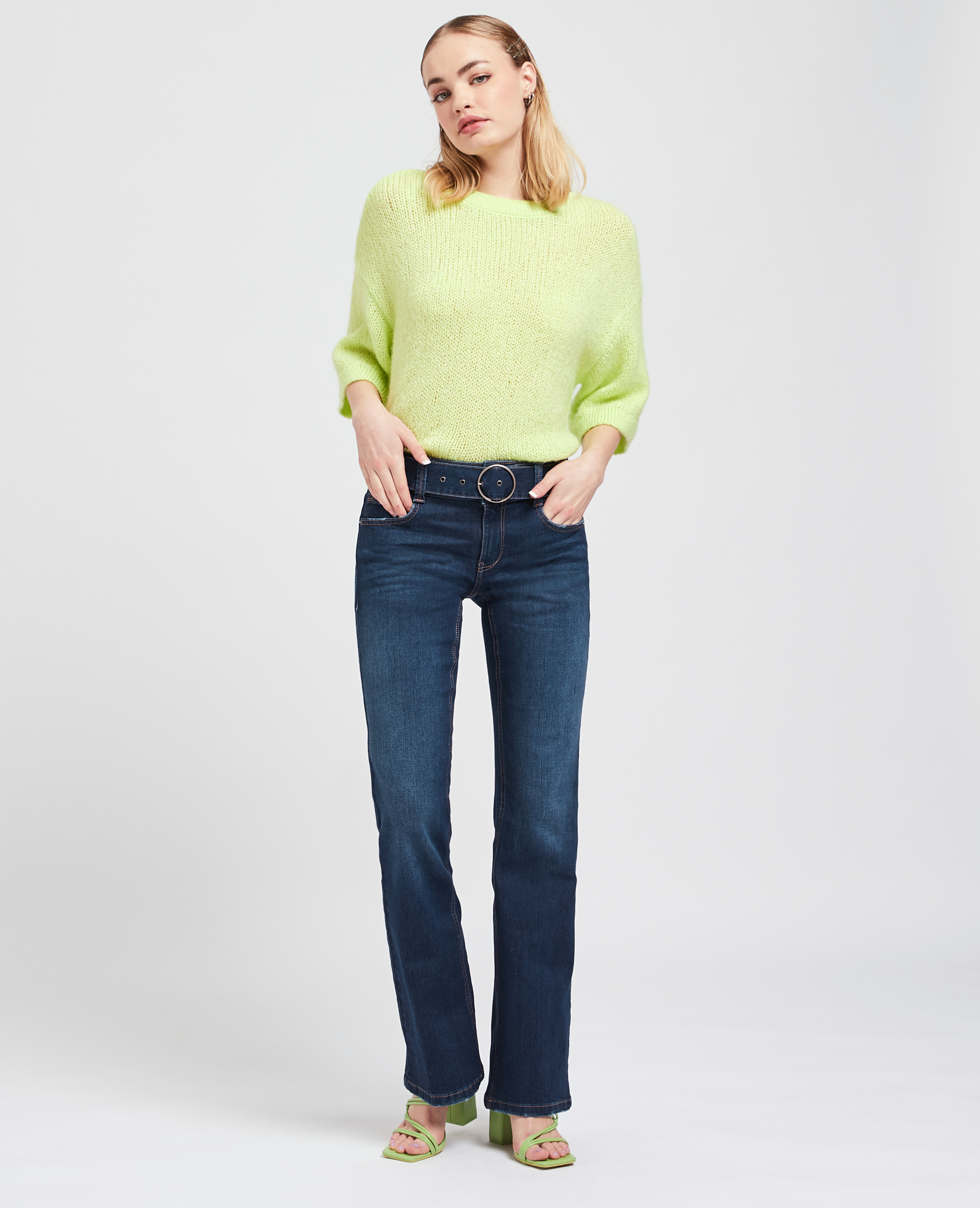 Jean flare taille basse avec ceinture bleu marine - Pimkie