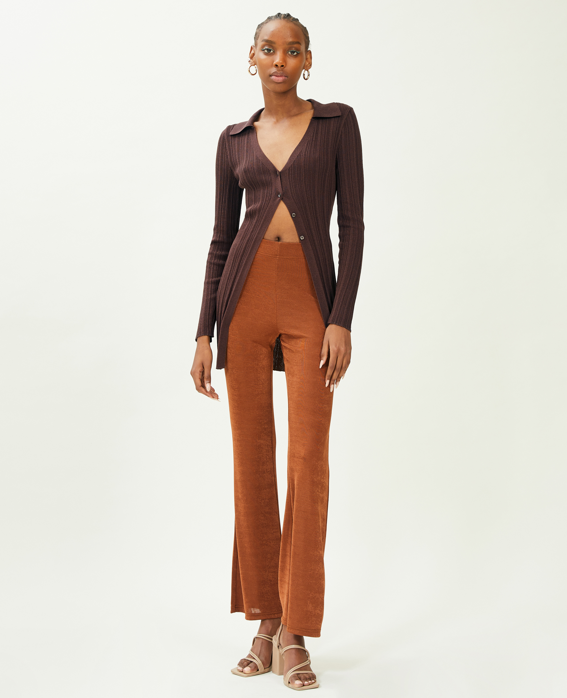 Gilet long en maille côtelée col polo marron - Pimkie