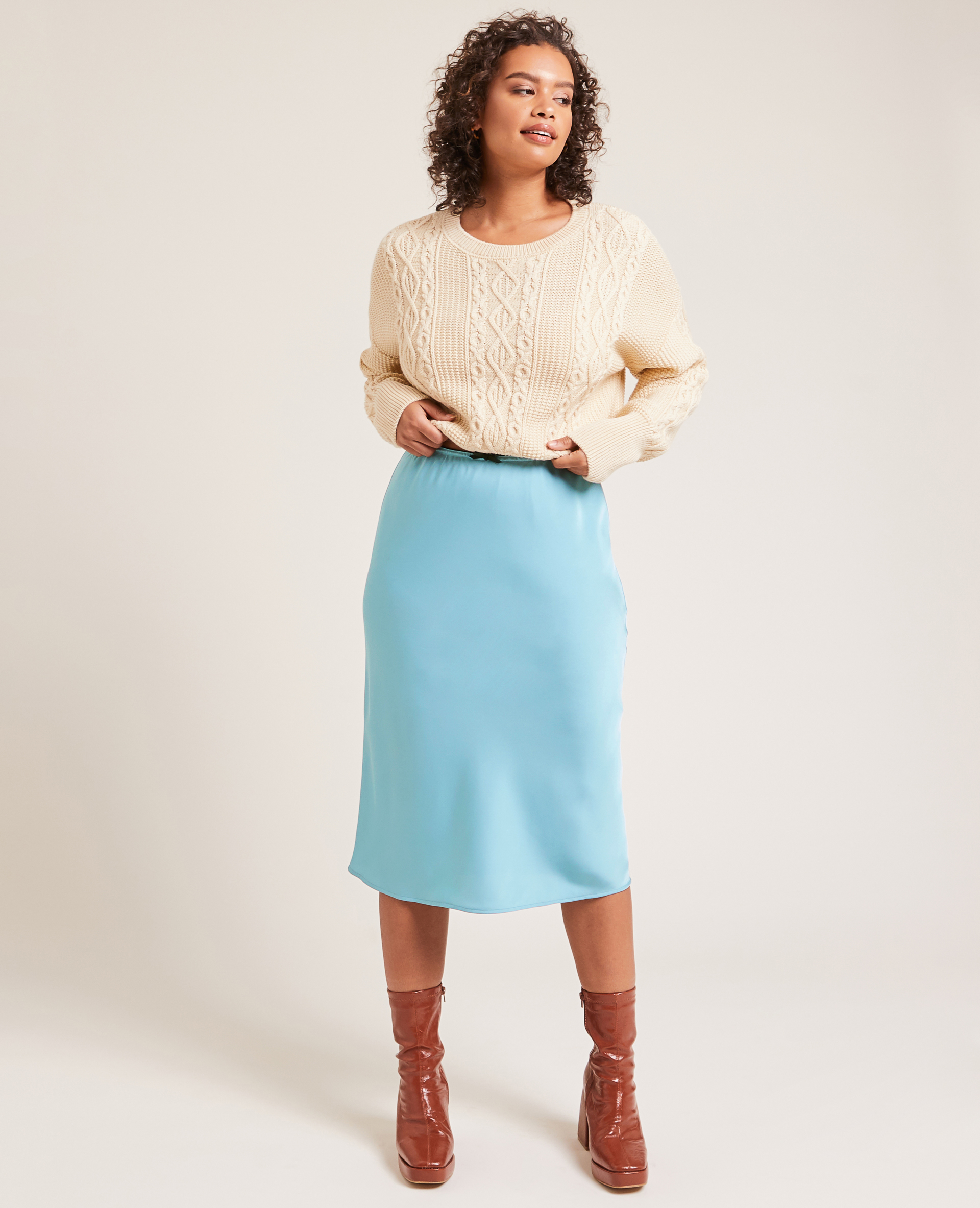 Jupe midi en tissu satiné bleu - Pimkie
