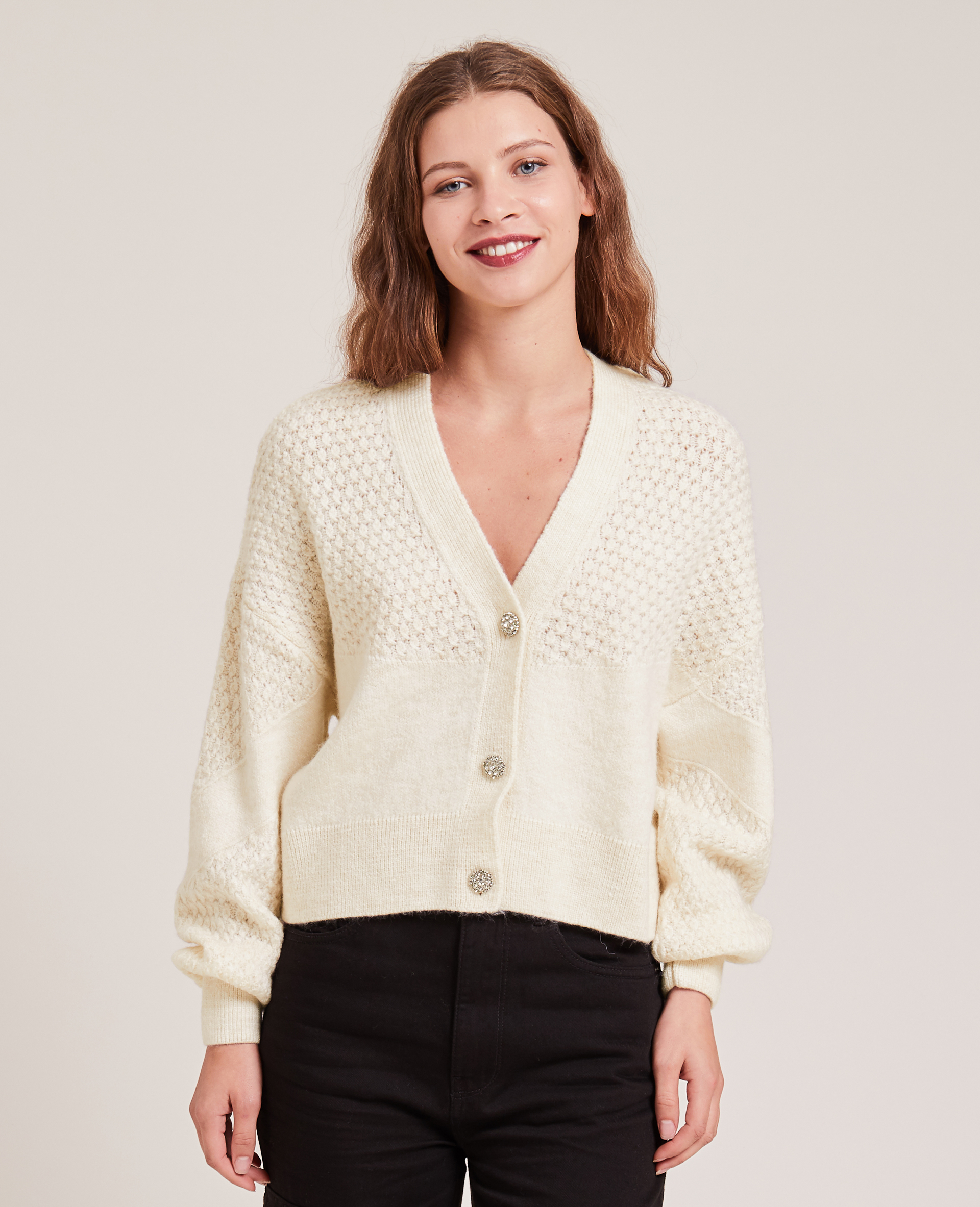 Gilet maille fantaisie boutons strass blanc cassé - Pimkie