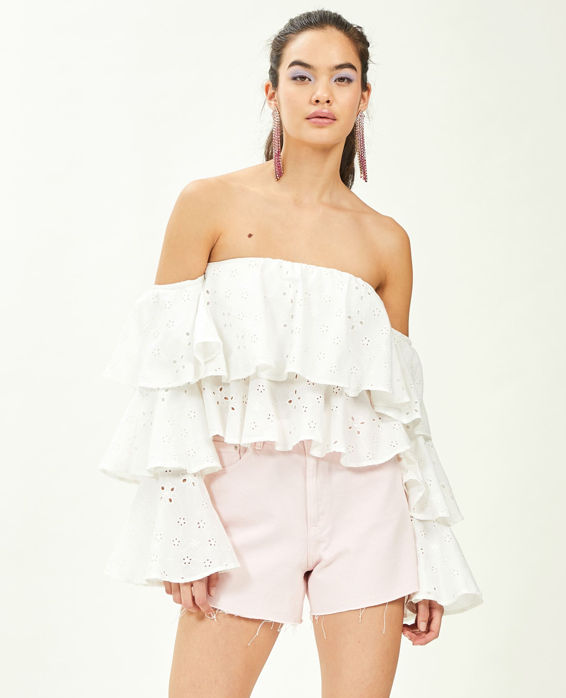 Top court encolure Bardot avec manches blanc - Pimkie