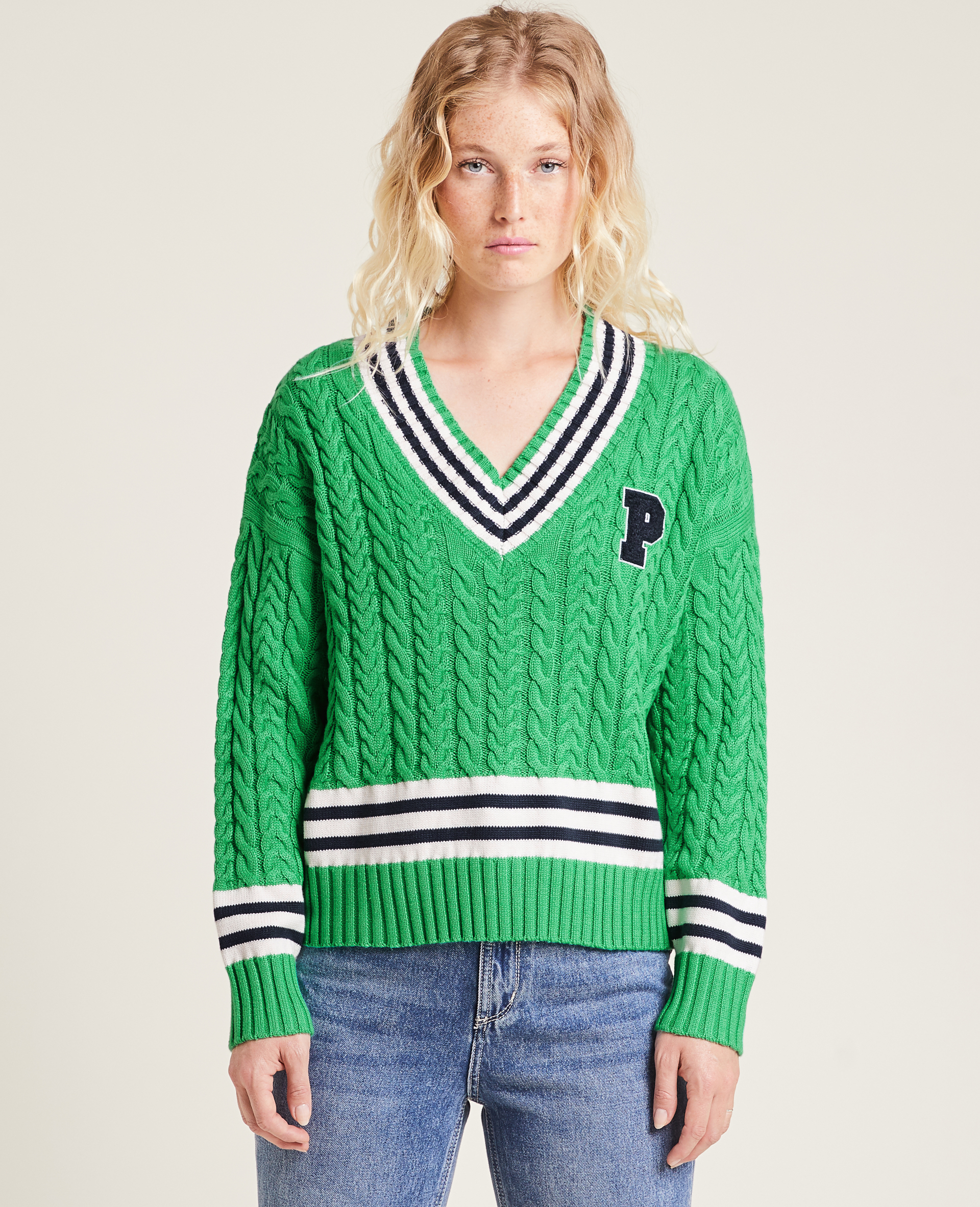 Pull maille torsadée col V vert - Pimkie