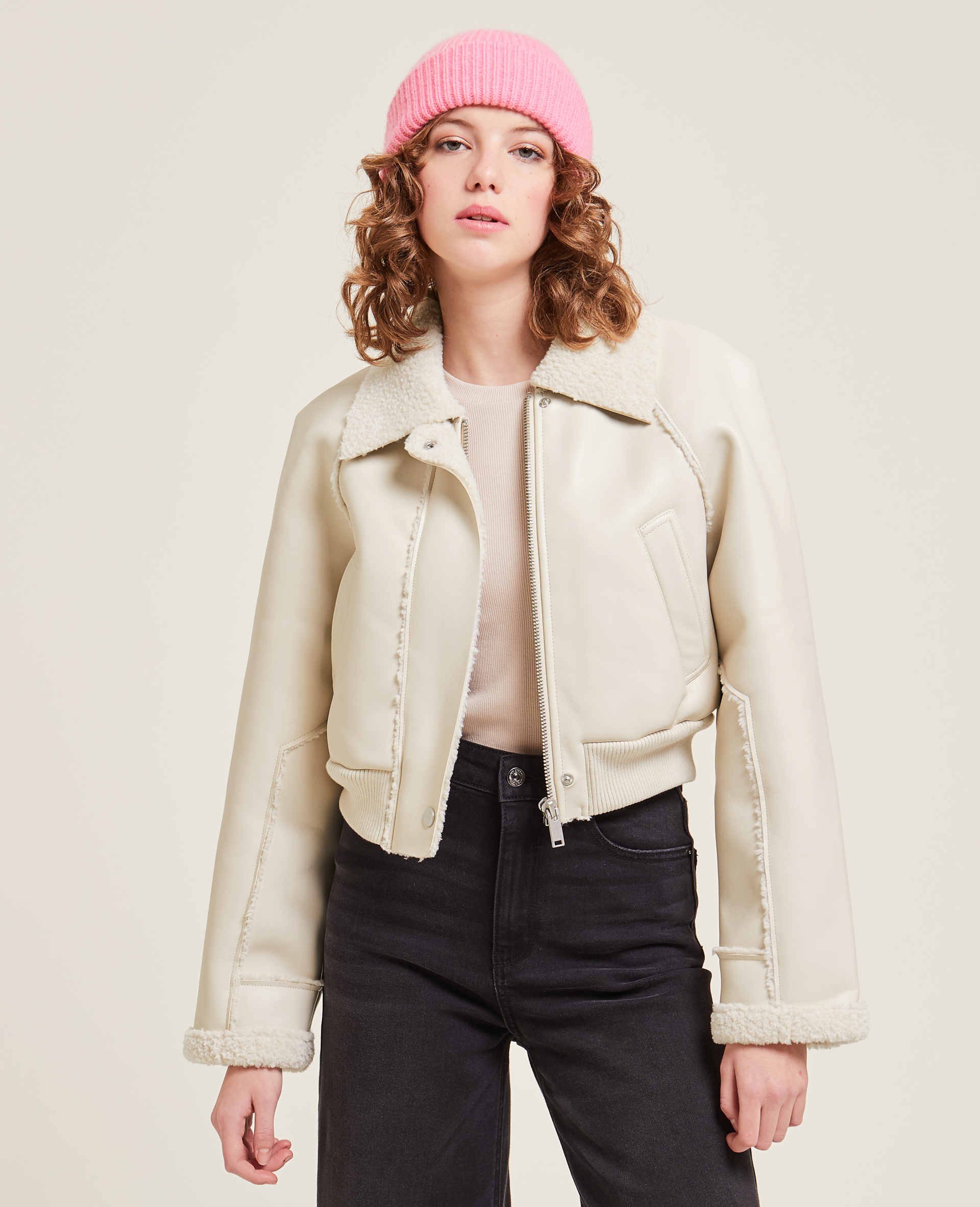 Blouson court simili cuir et sherpa écru - Pimkie