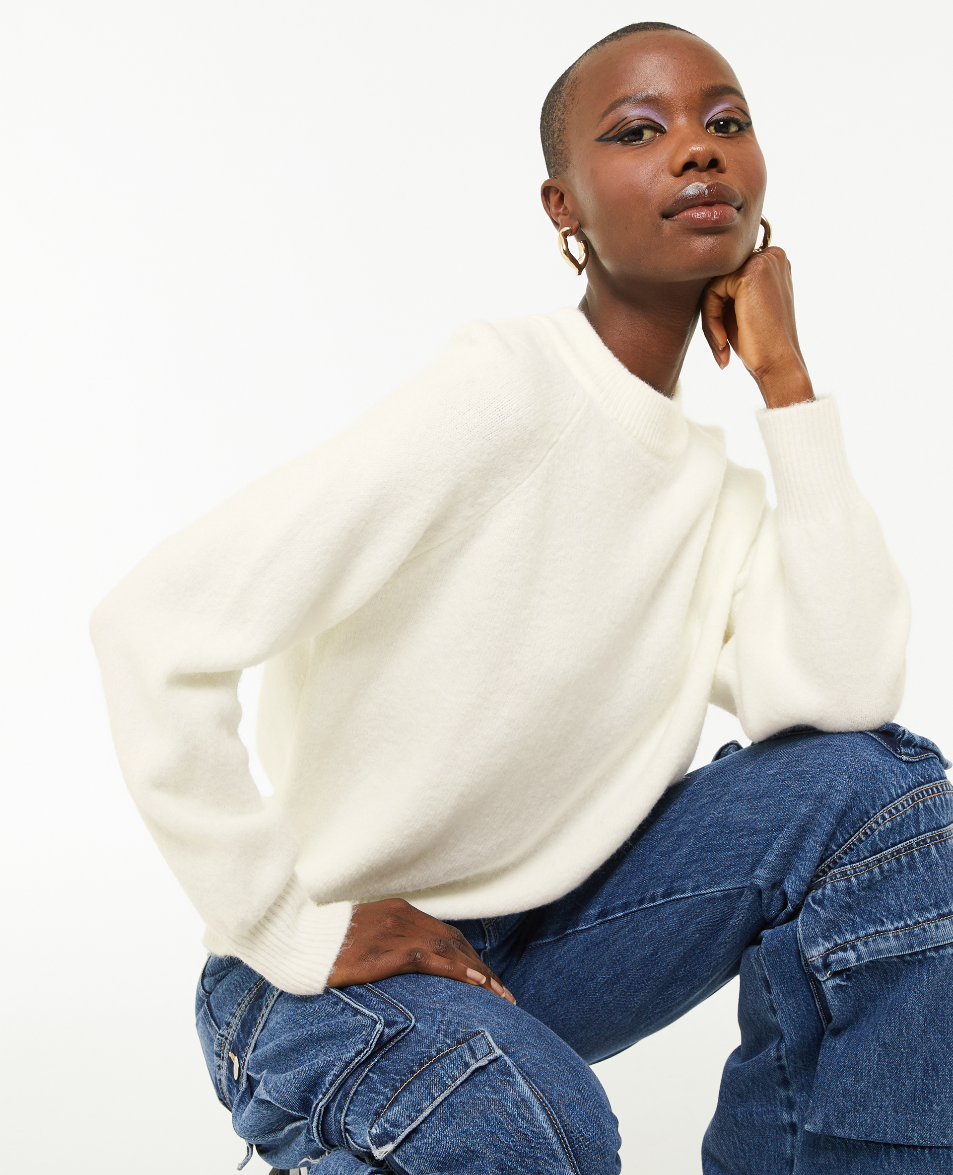 Pull col rond avec laine - Blanc