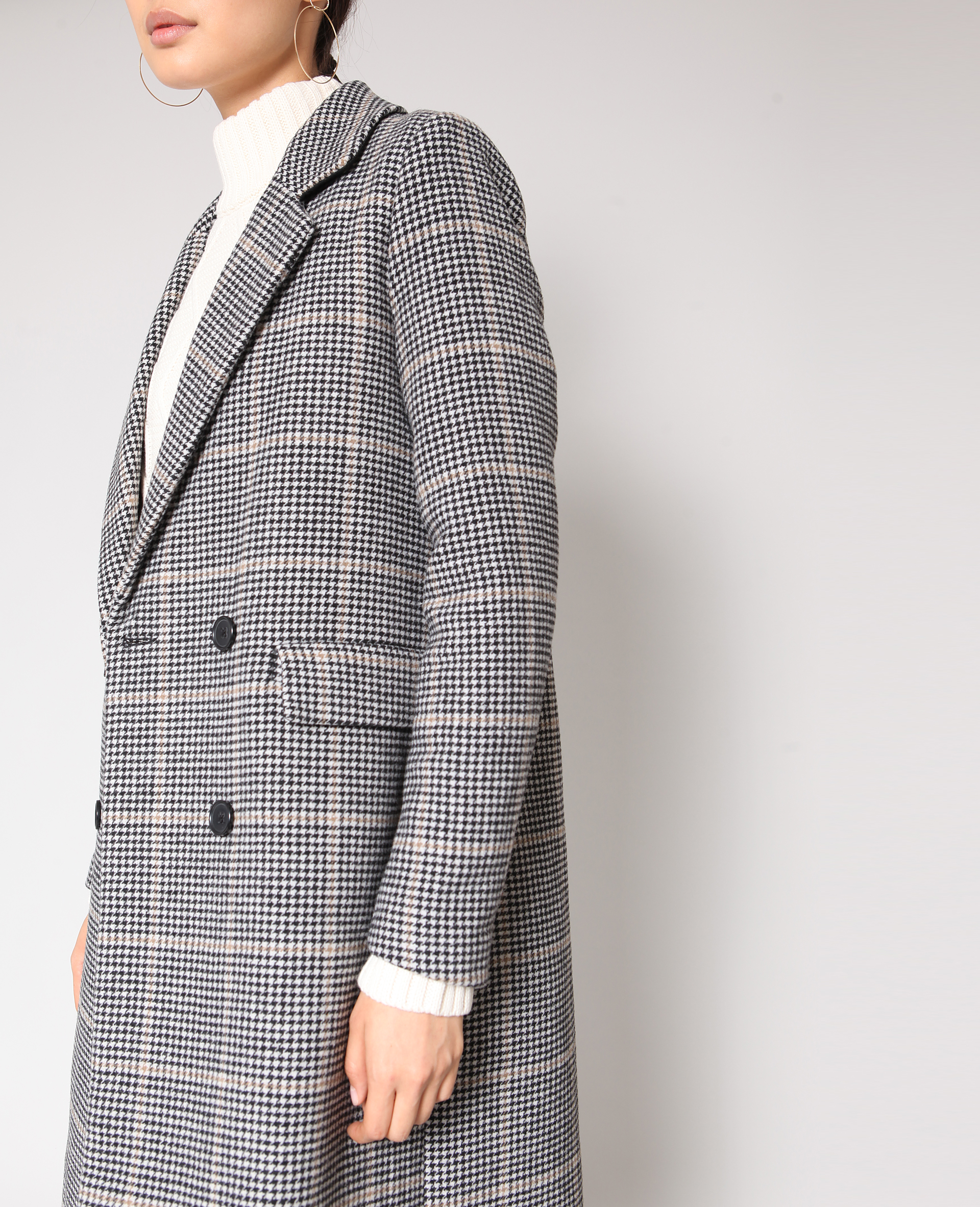Manteau long pied de poule beige - Pimkie