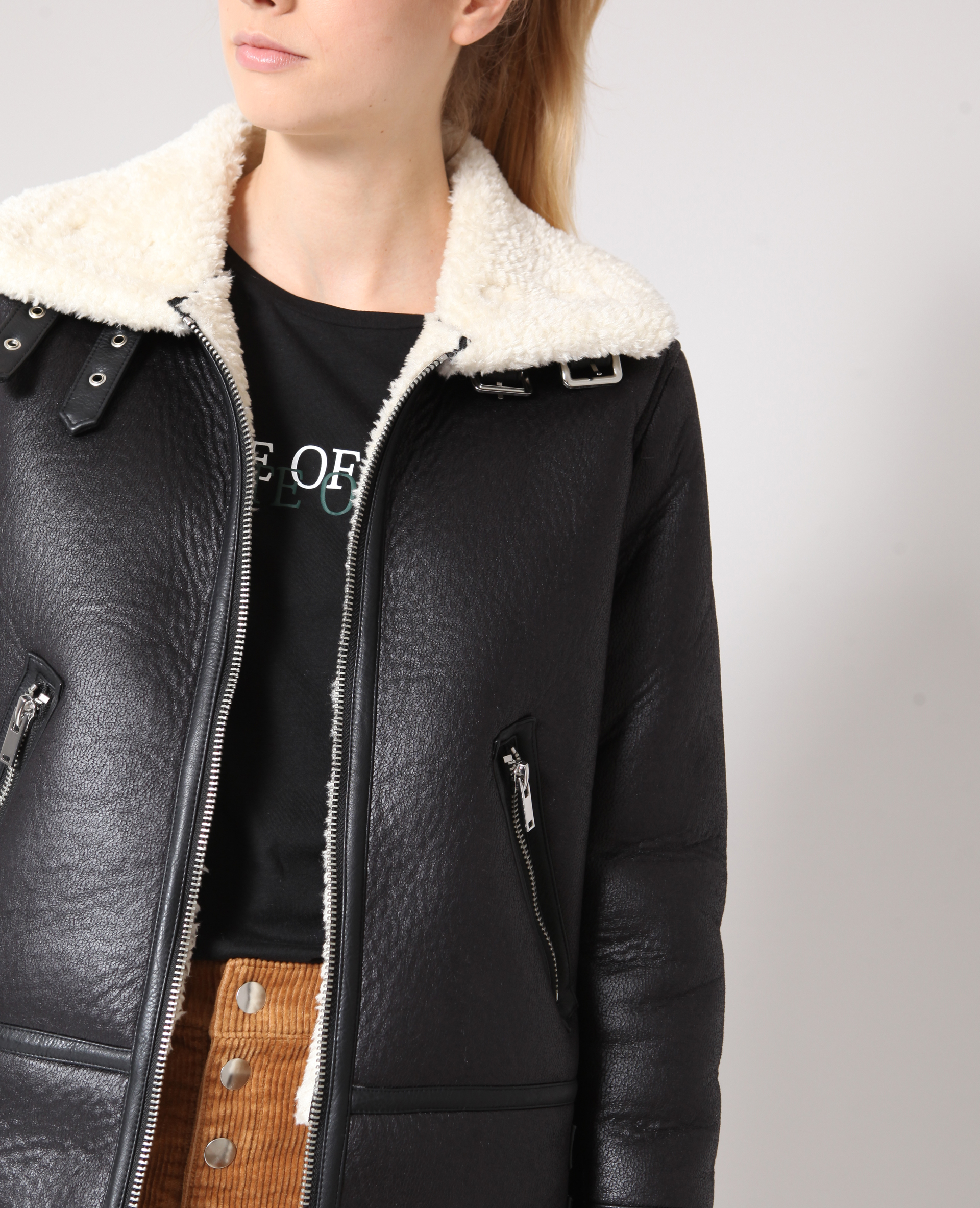 Blouson biker en fausse fourrure noir - Pimkie