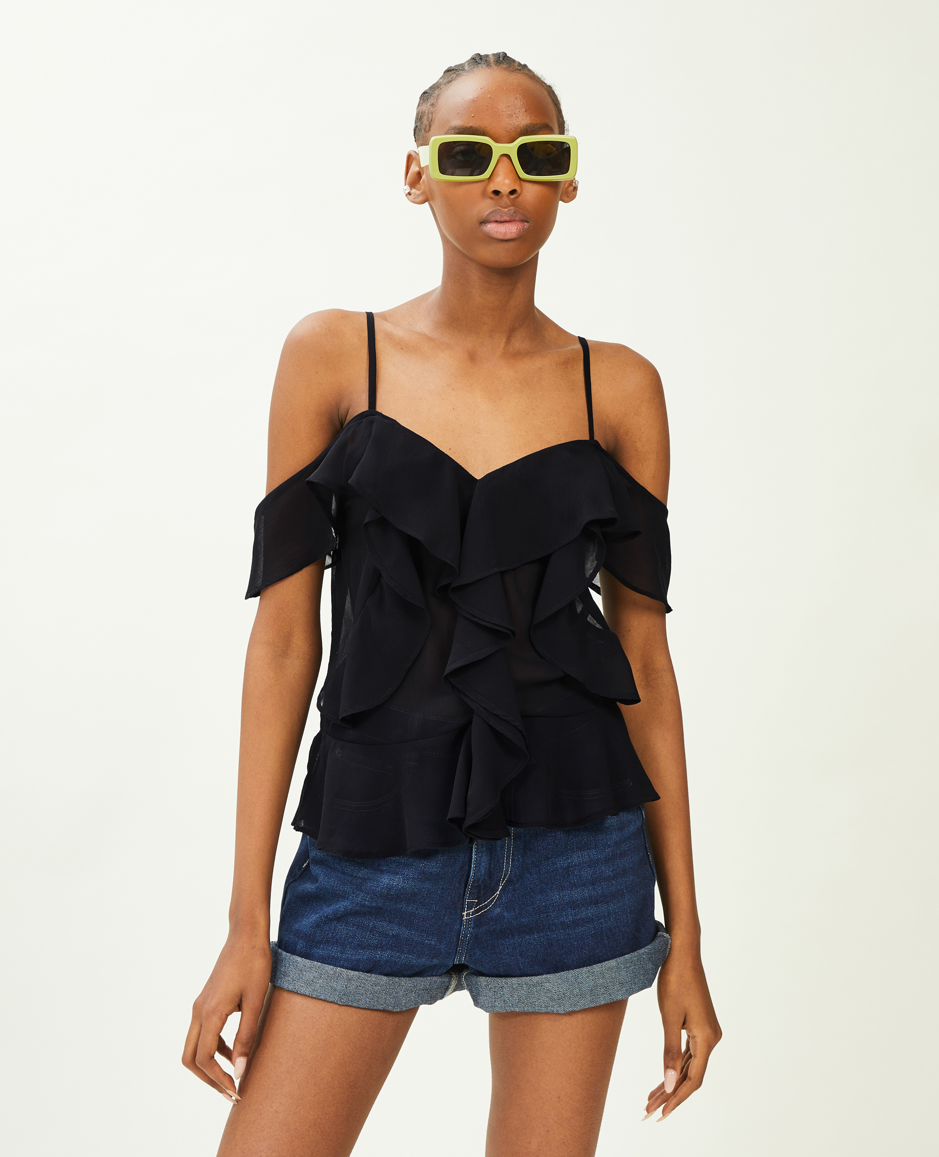 Top avec volants noir - Pimkie