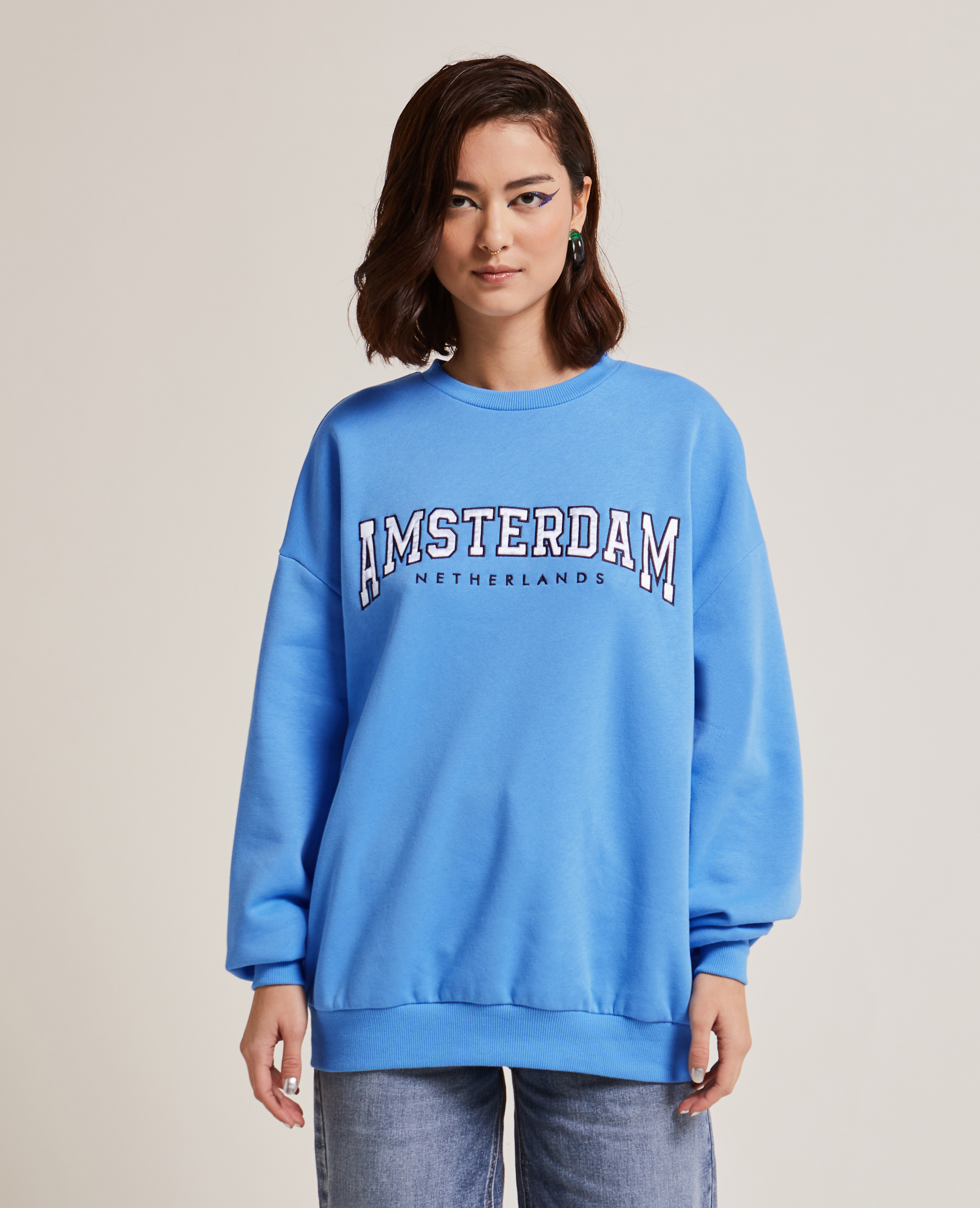 Sweat col rond oversize bleu - Pimkie