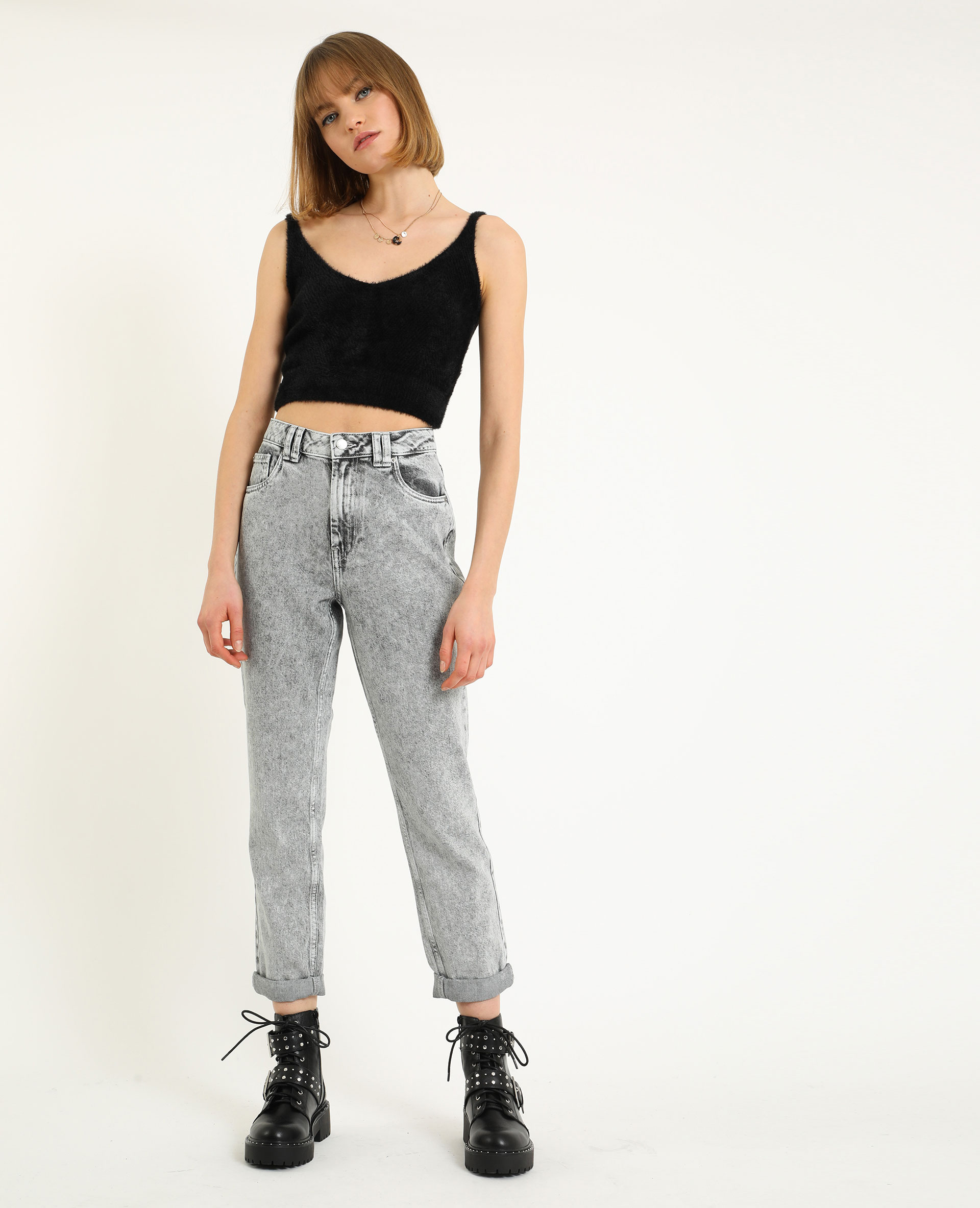 Jean mom gris clair best sale
