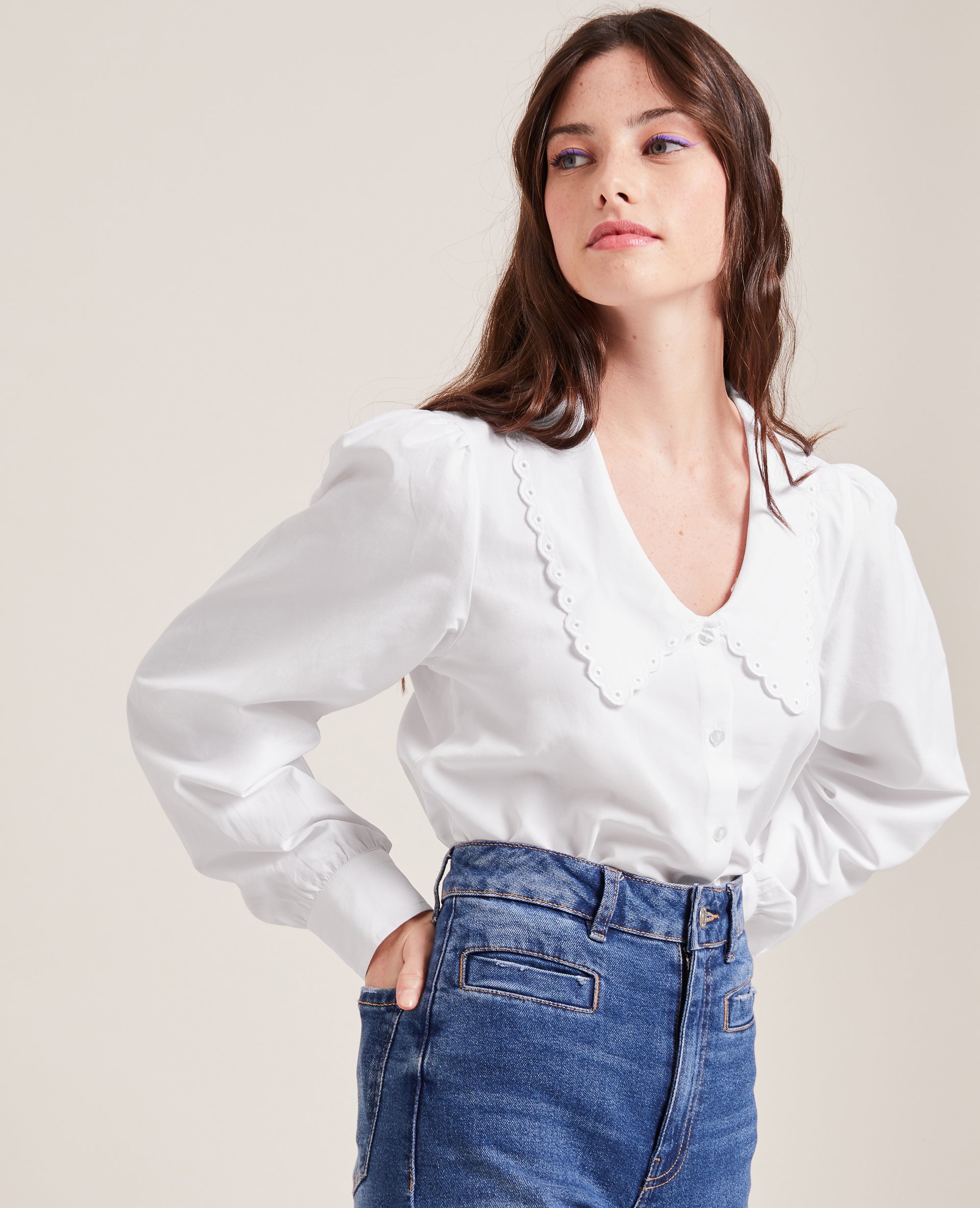 Chemise courte grand col festonné blanc - Pimkie