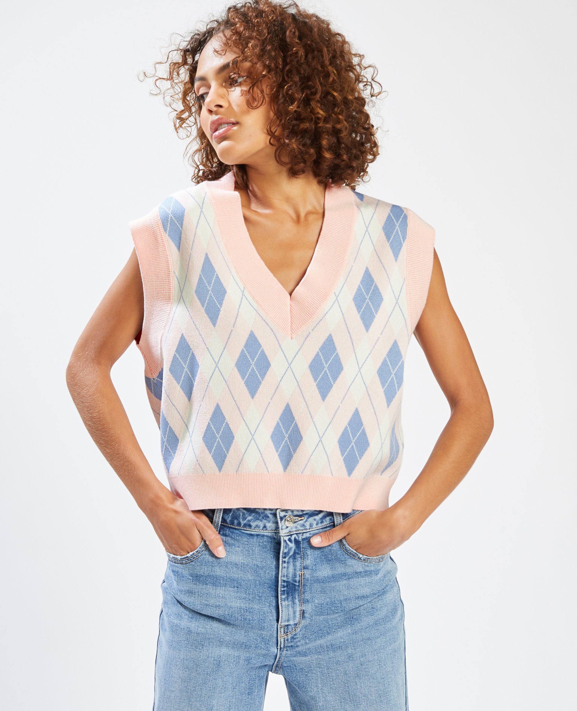 Pull sans manches à carreaux rose - Pimkie