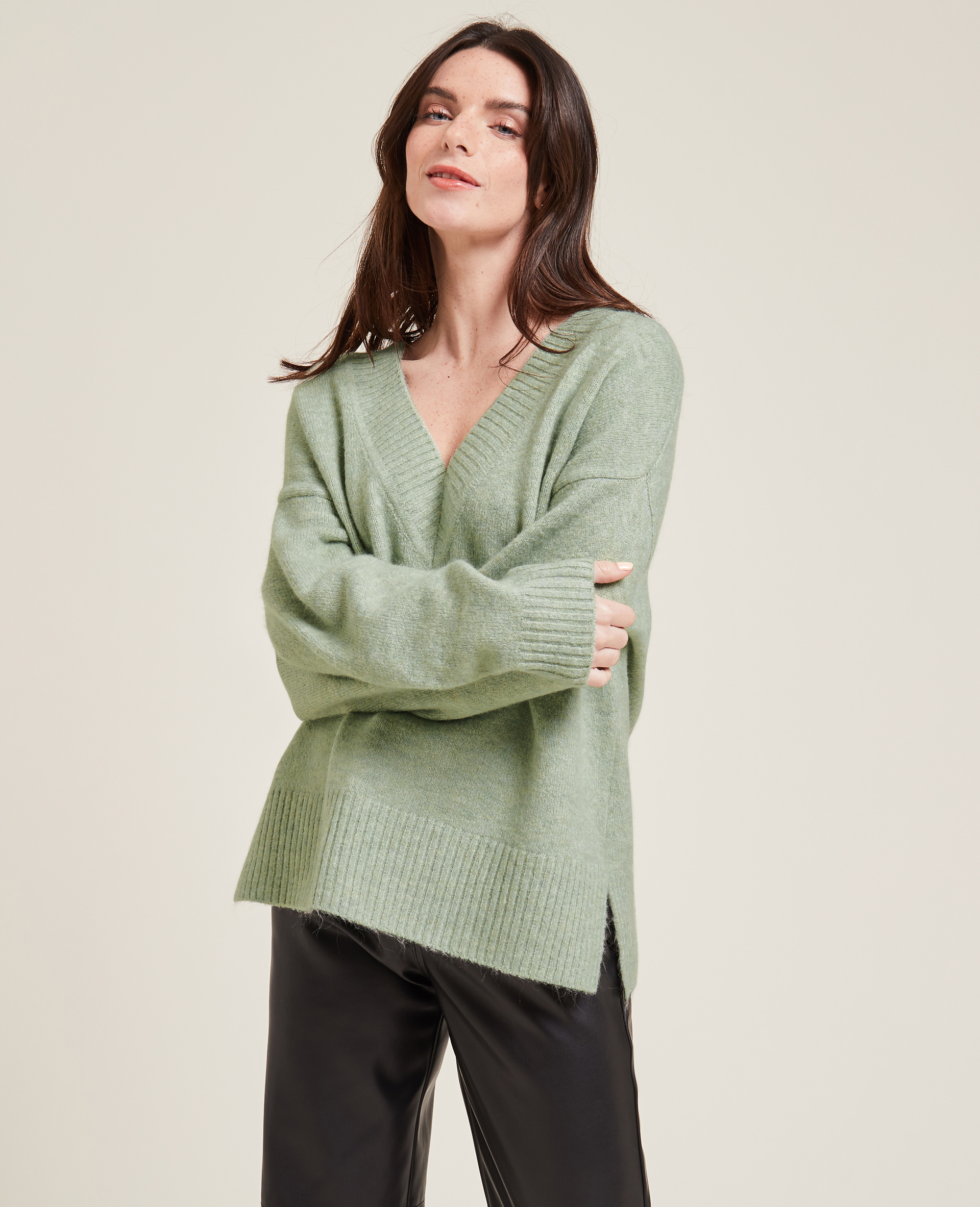 Pull grand col V vert - Pimkie