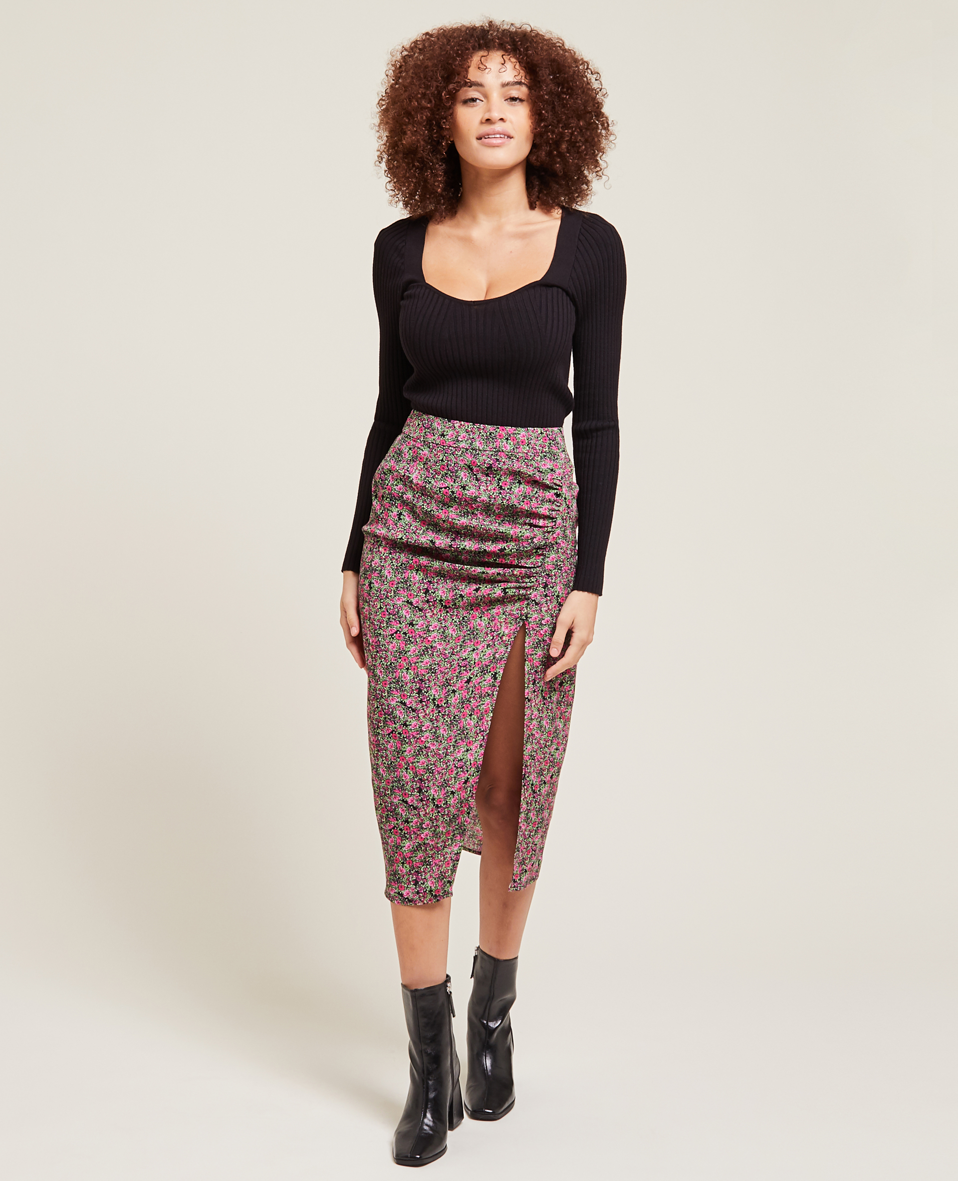 Jupe midi avec fronces et fente rose fuchsia - Pimkie
