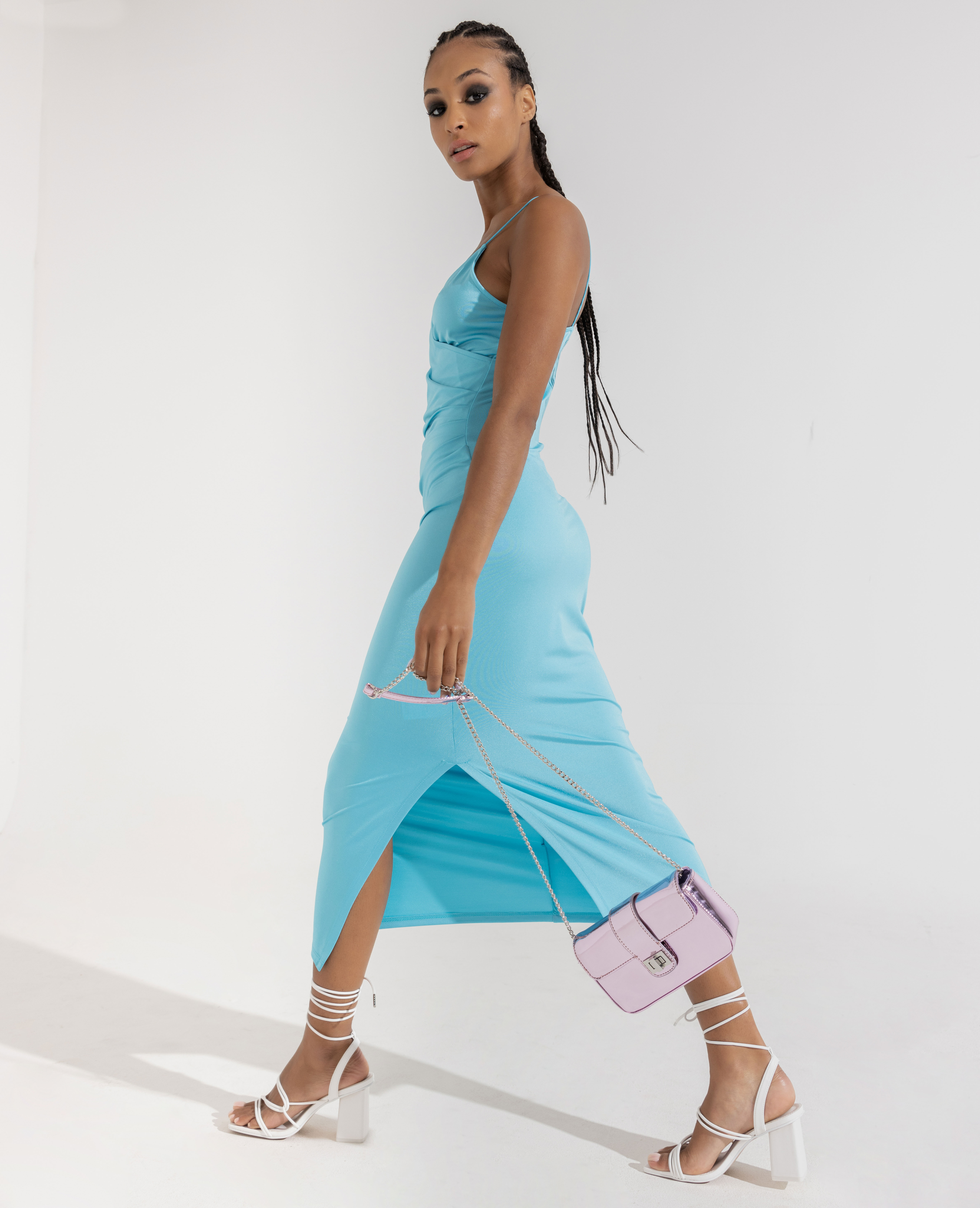 Robe midi cache-cœur en maille satinée bleu turquoise - Pimkie
