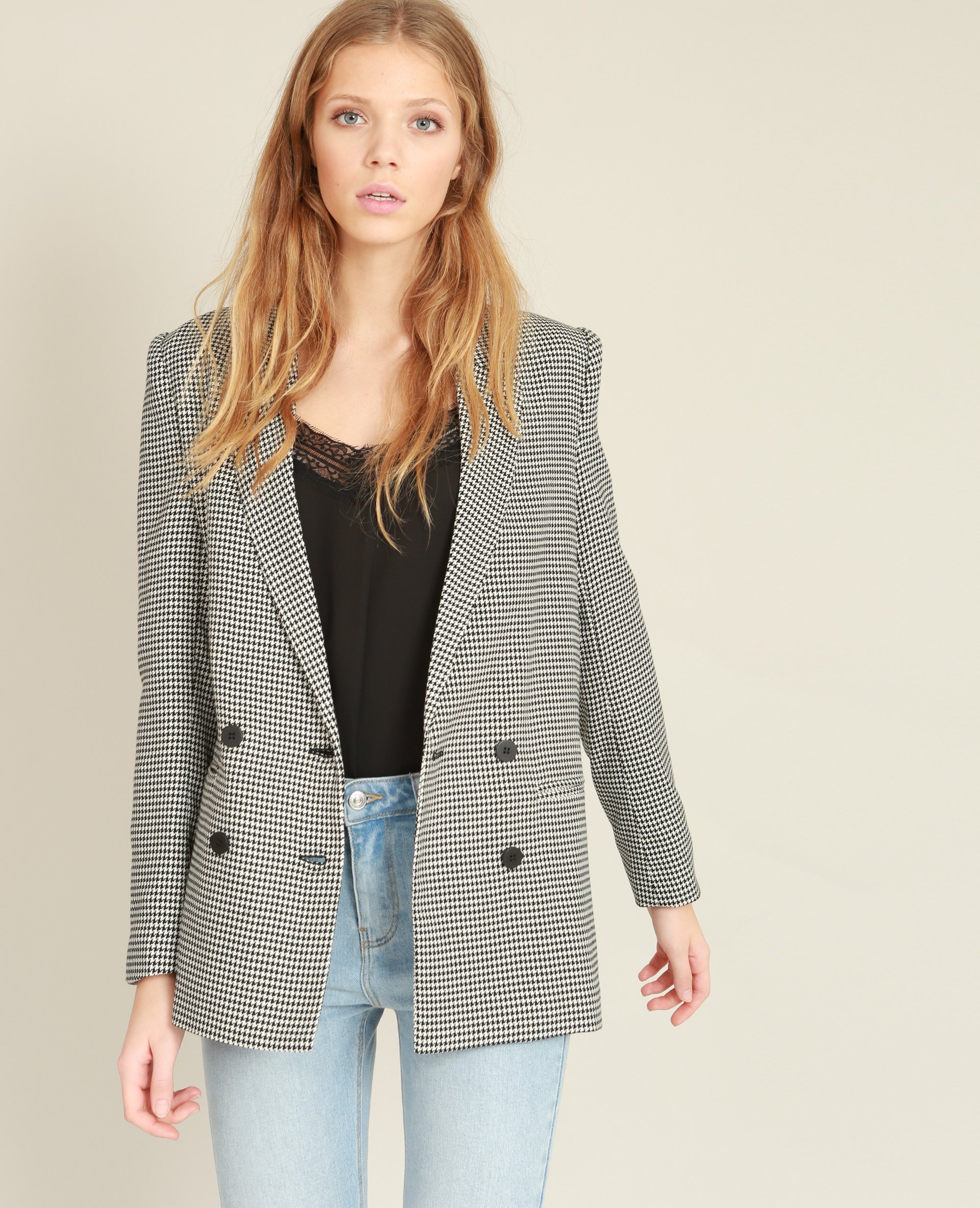 Blazer imprimé pied de poule noir - Pimkie