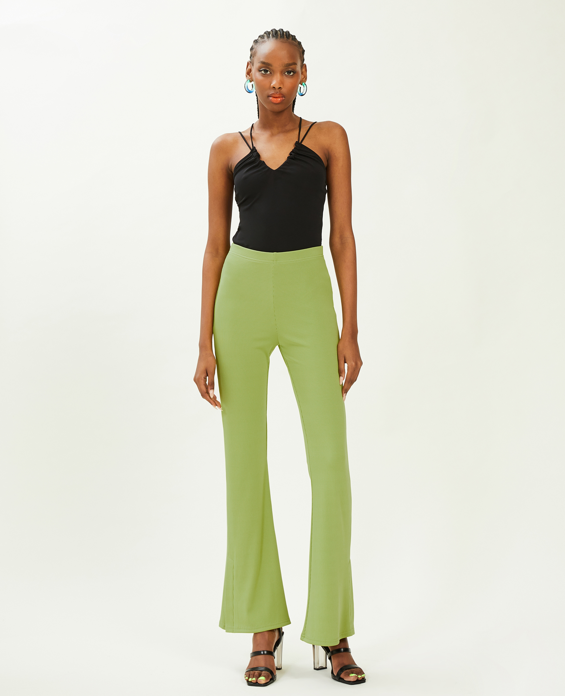Pantalon flare en maille côtelée vert kaki - Pimkie