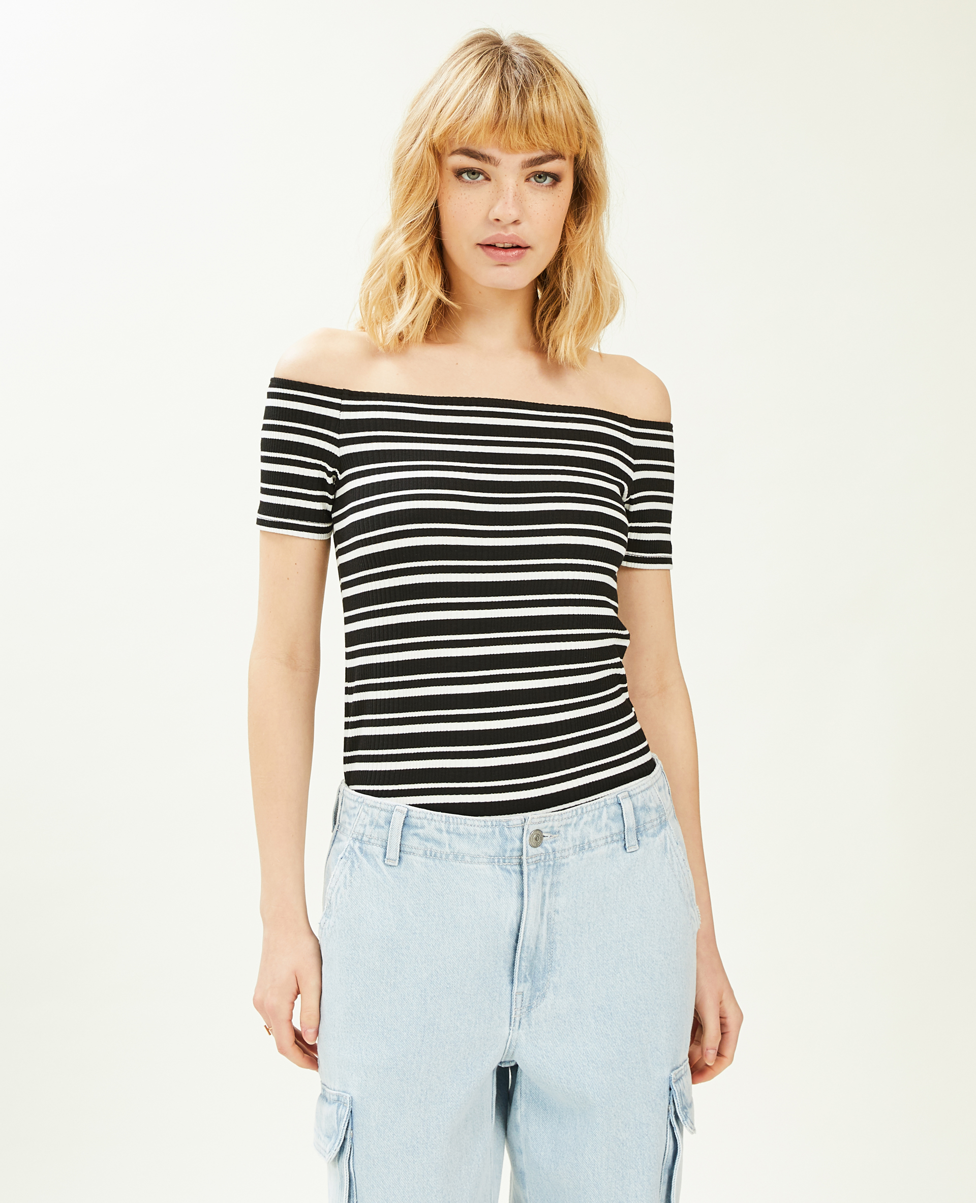 Top encolure Bardot maille côtelée blanc - Pimkie