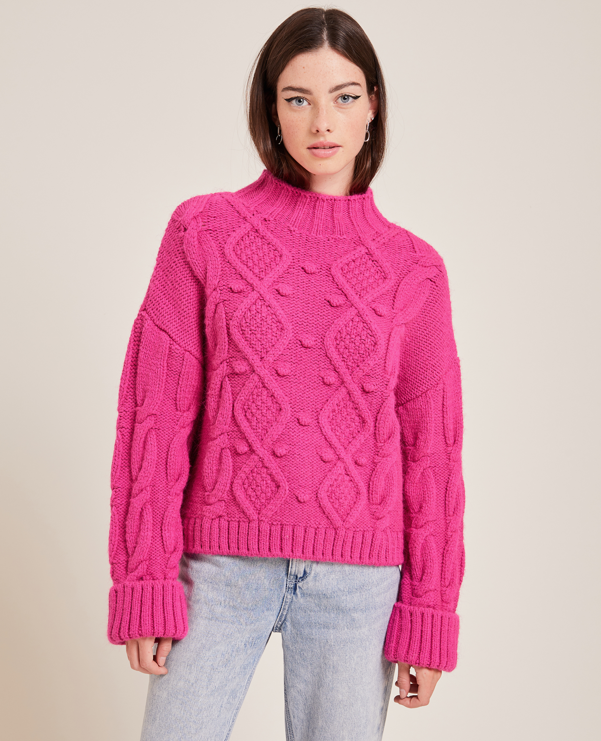 Pull maille fantaisie col montant rose fuchsia - Pimkie
