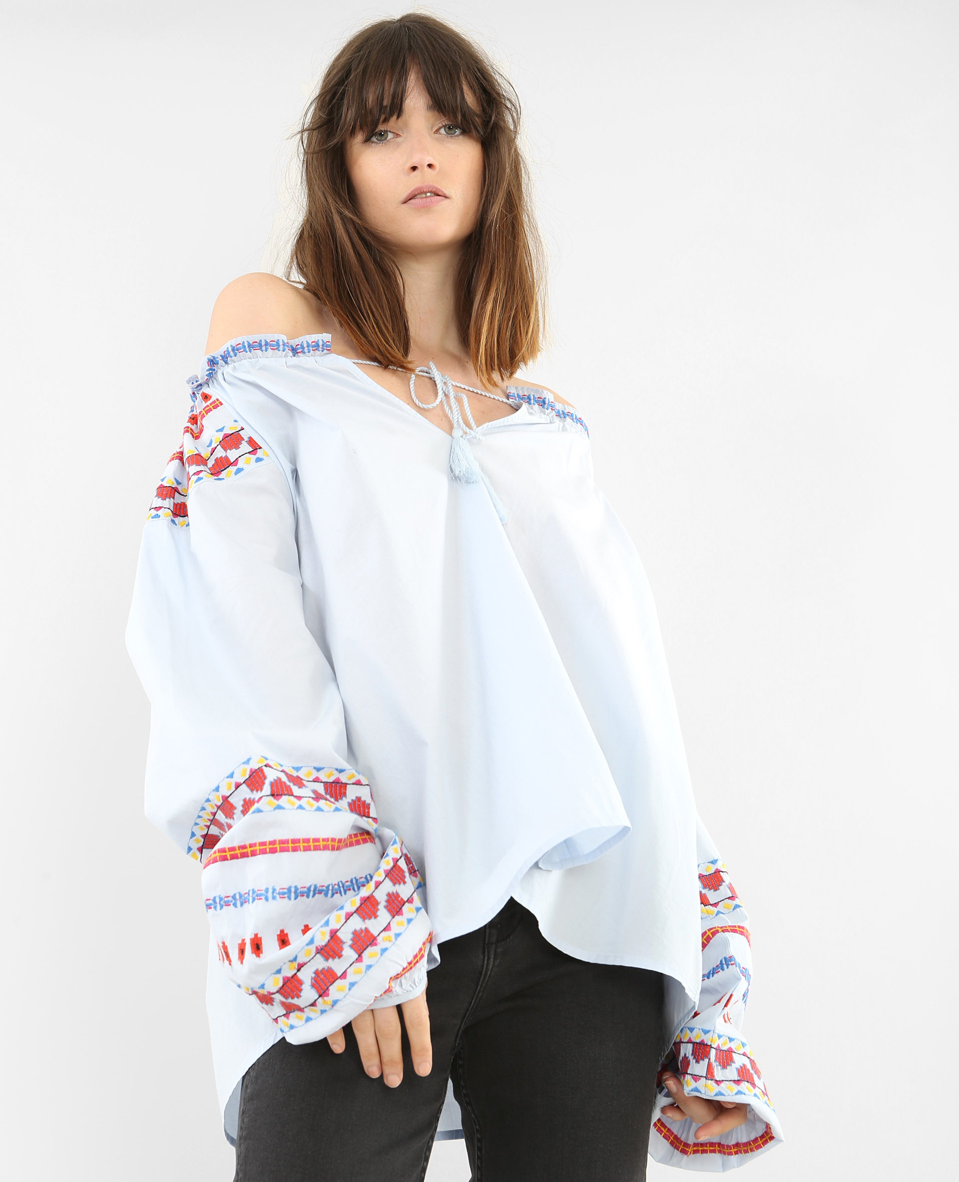 Blouse folk brodée bleu - Pimkie