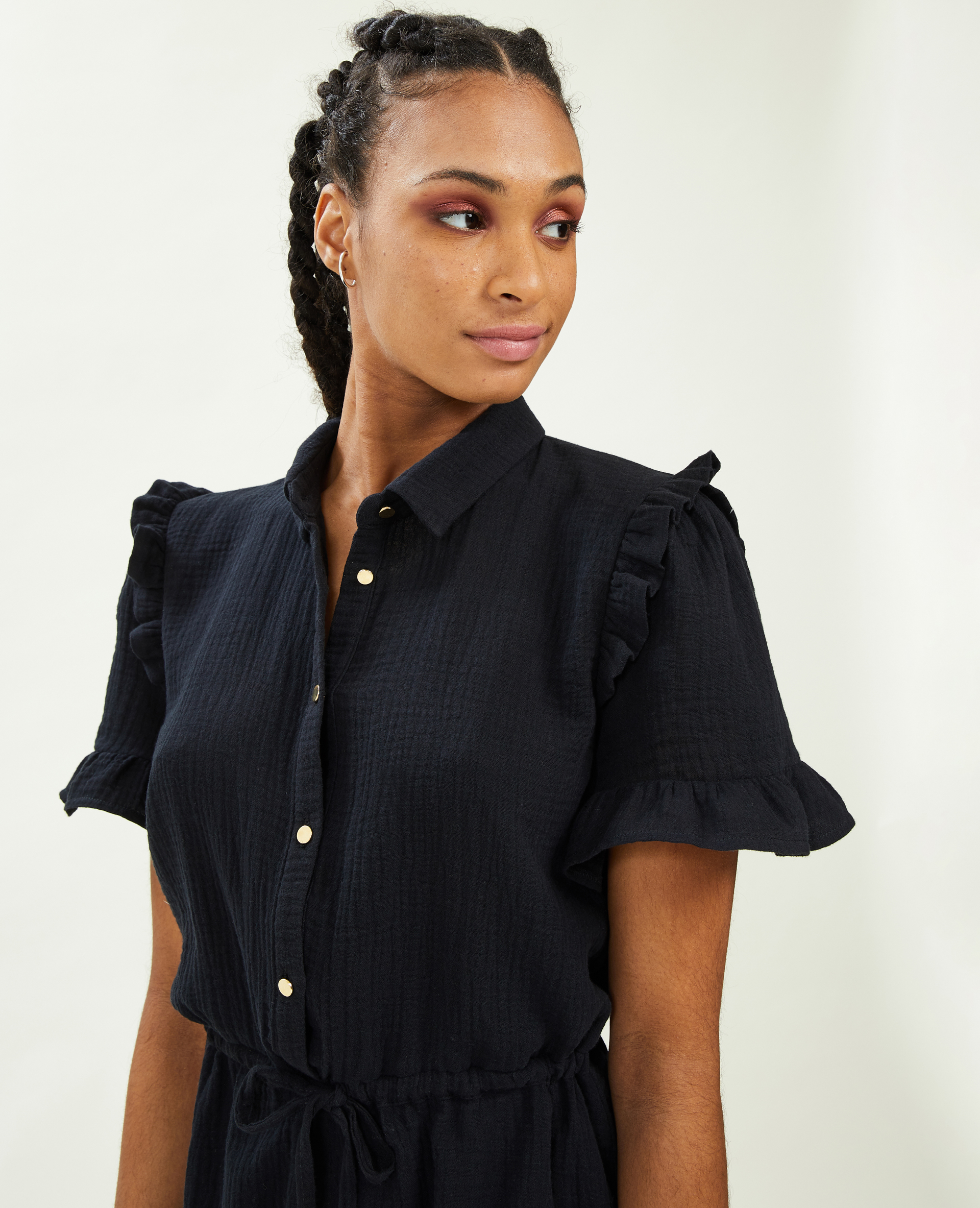 Robe courte boutonnée en gaze de coton noir - Pimkie