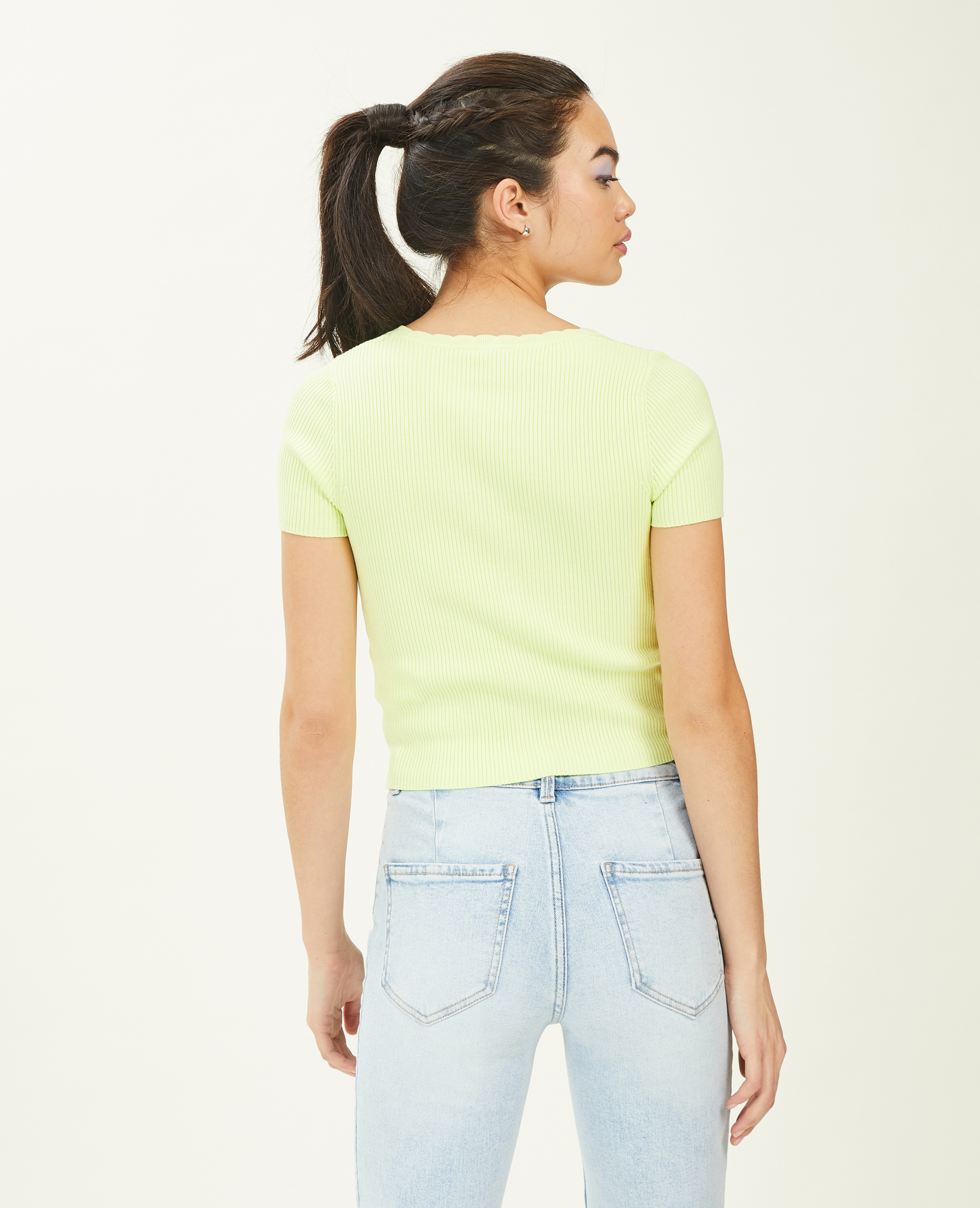 Top boutonné maille côtelée vert anis - Pimkie