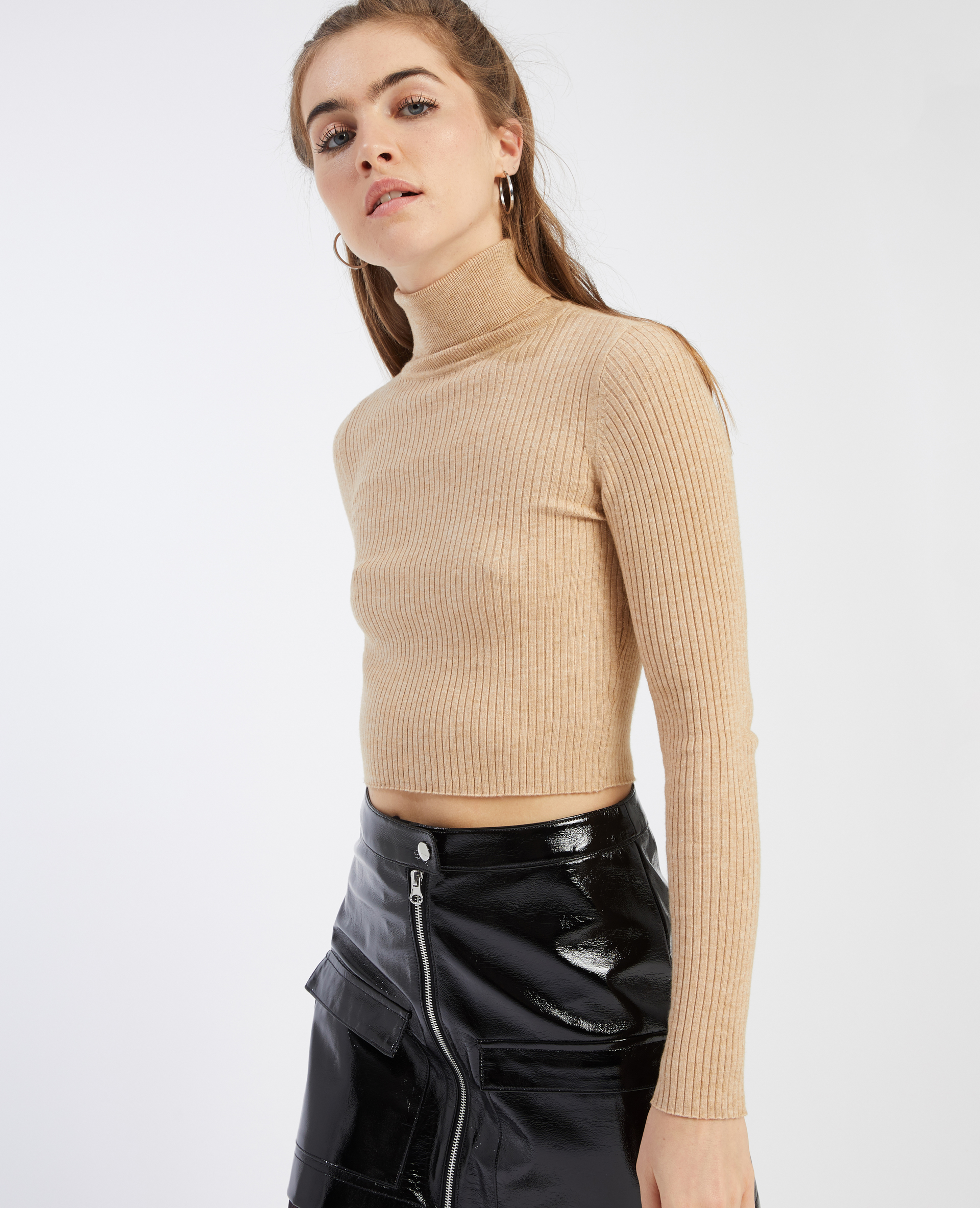 Pull court col roulé beige - Pimkie
