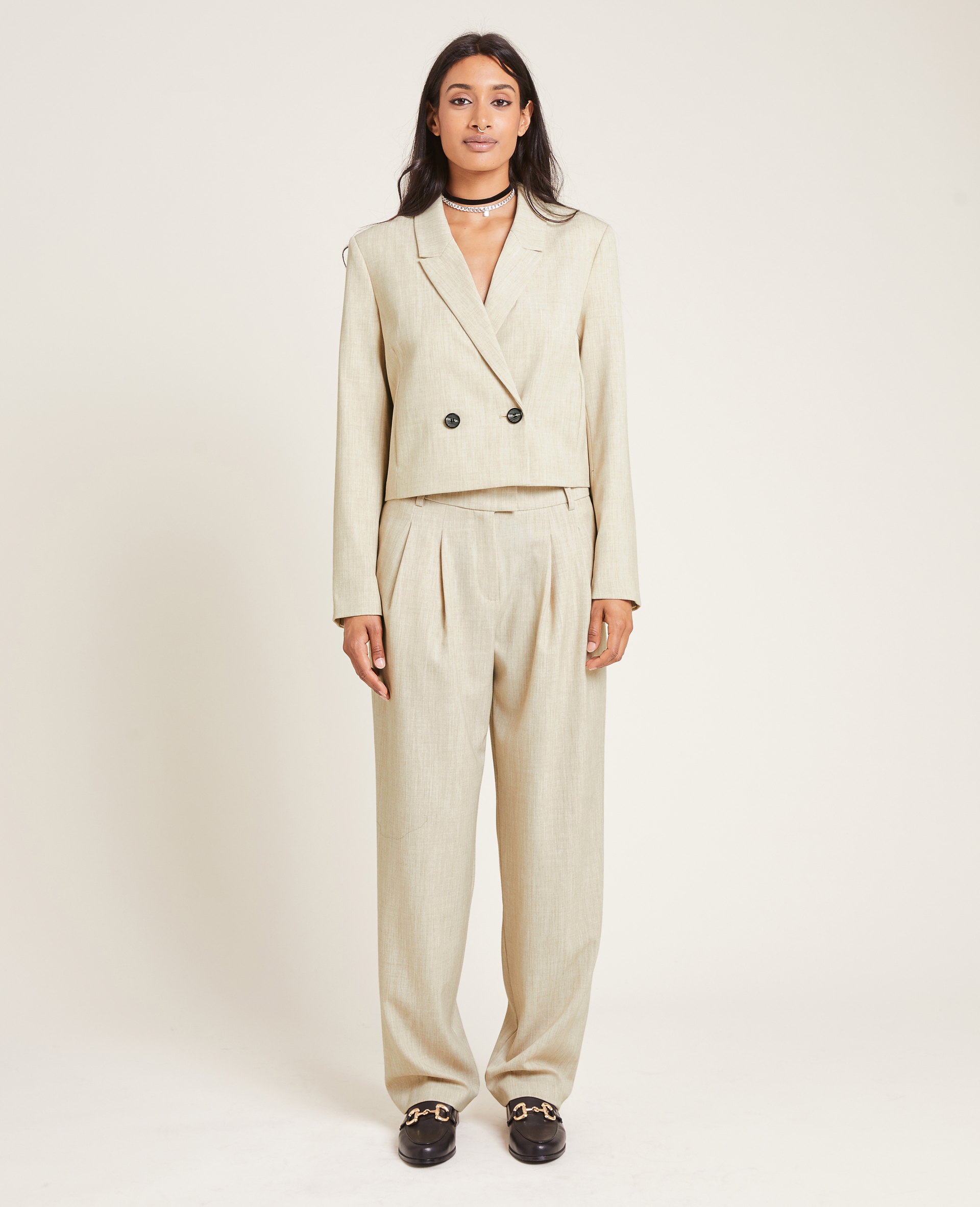 Veste blazer courte avec épaulettes beige chiné - Pimkie