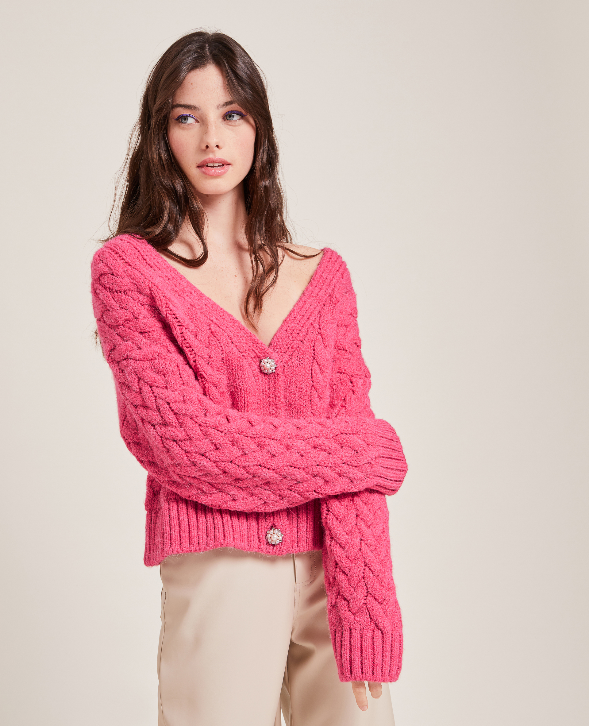 Gilet maille fantaisie bouton perles rose - Pimkie