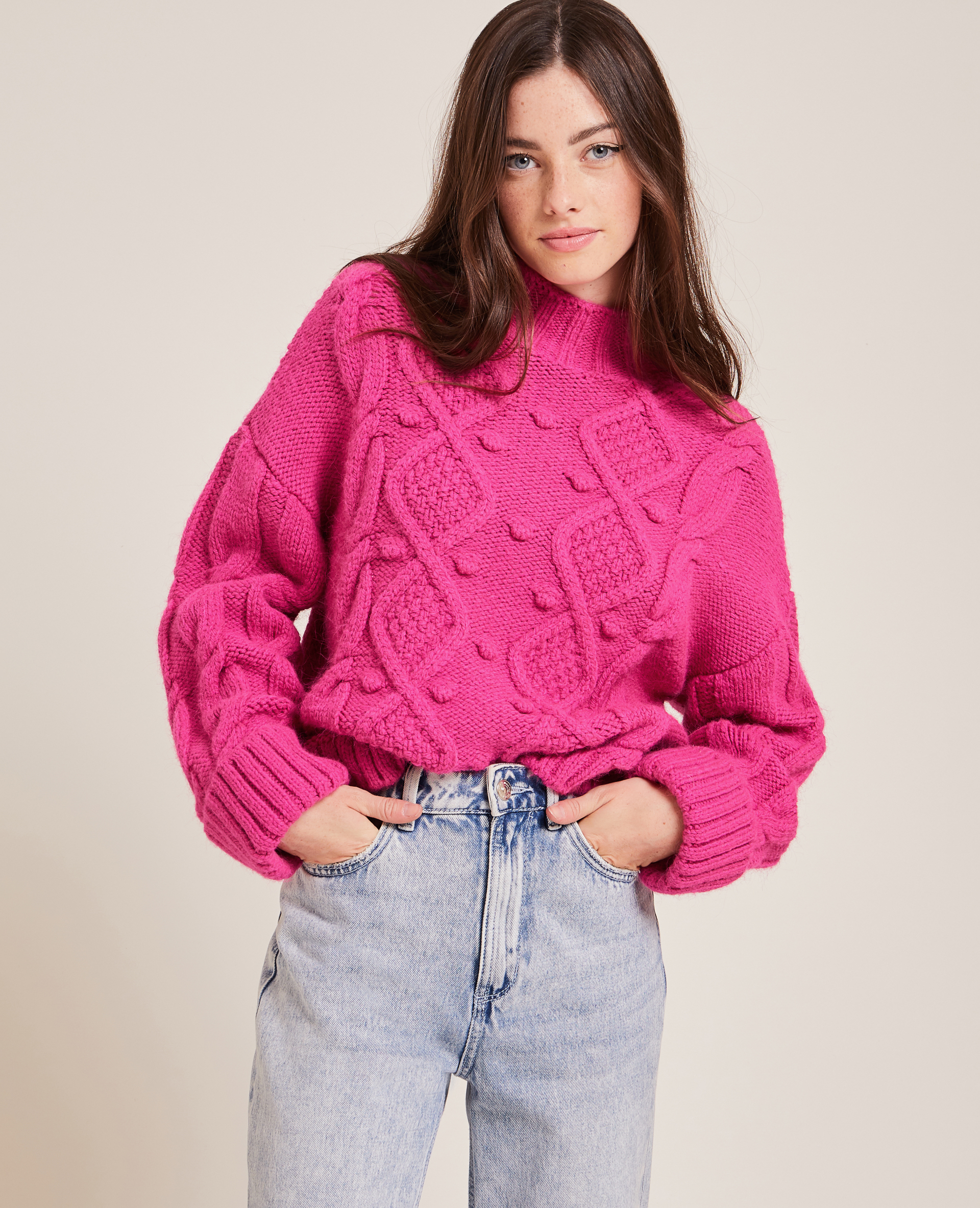 Pull maille fantaisie col montant rose fuchsia - Pimkie