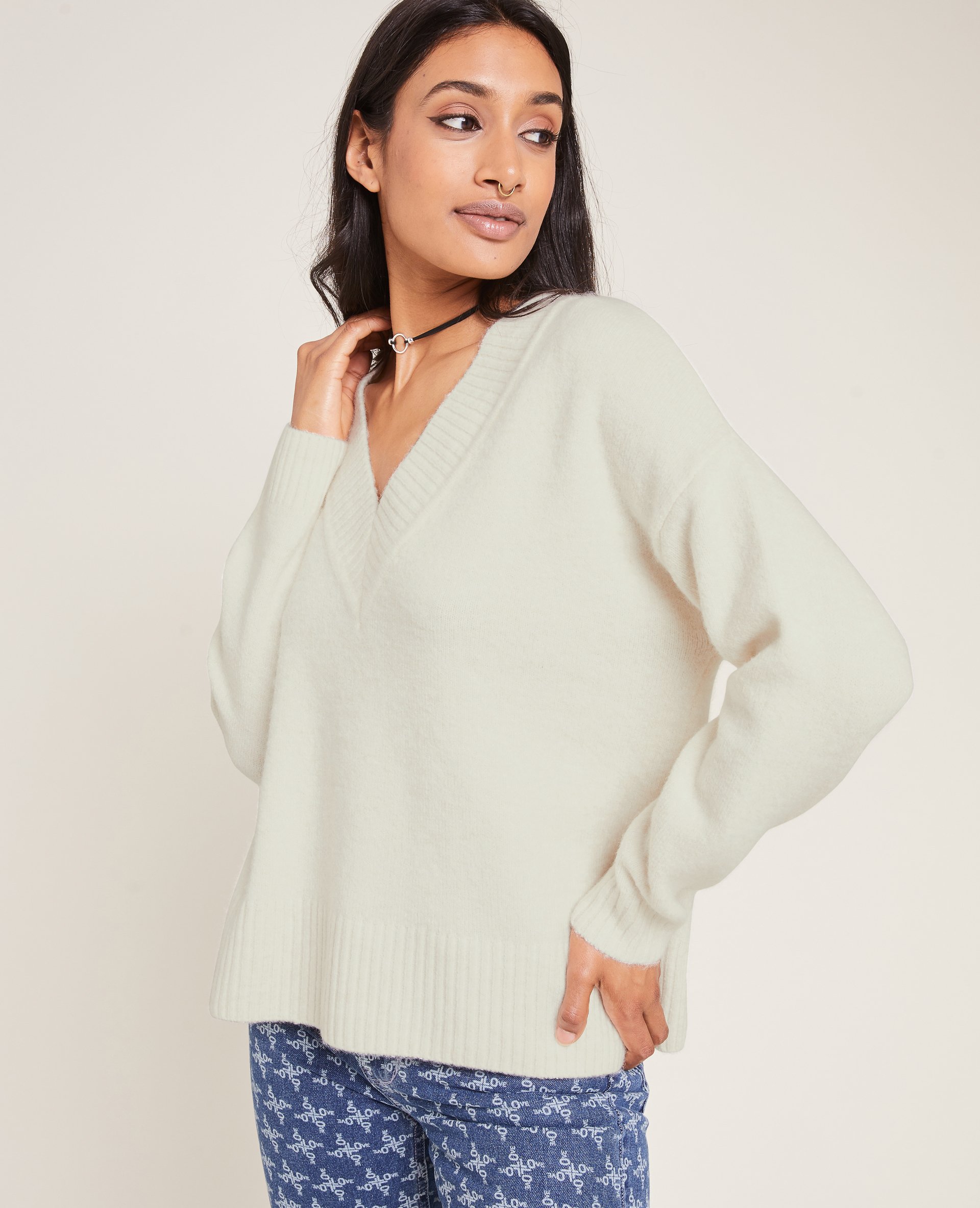 Pull grand col V blanc - Pimkie
