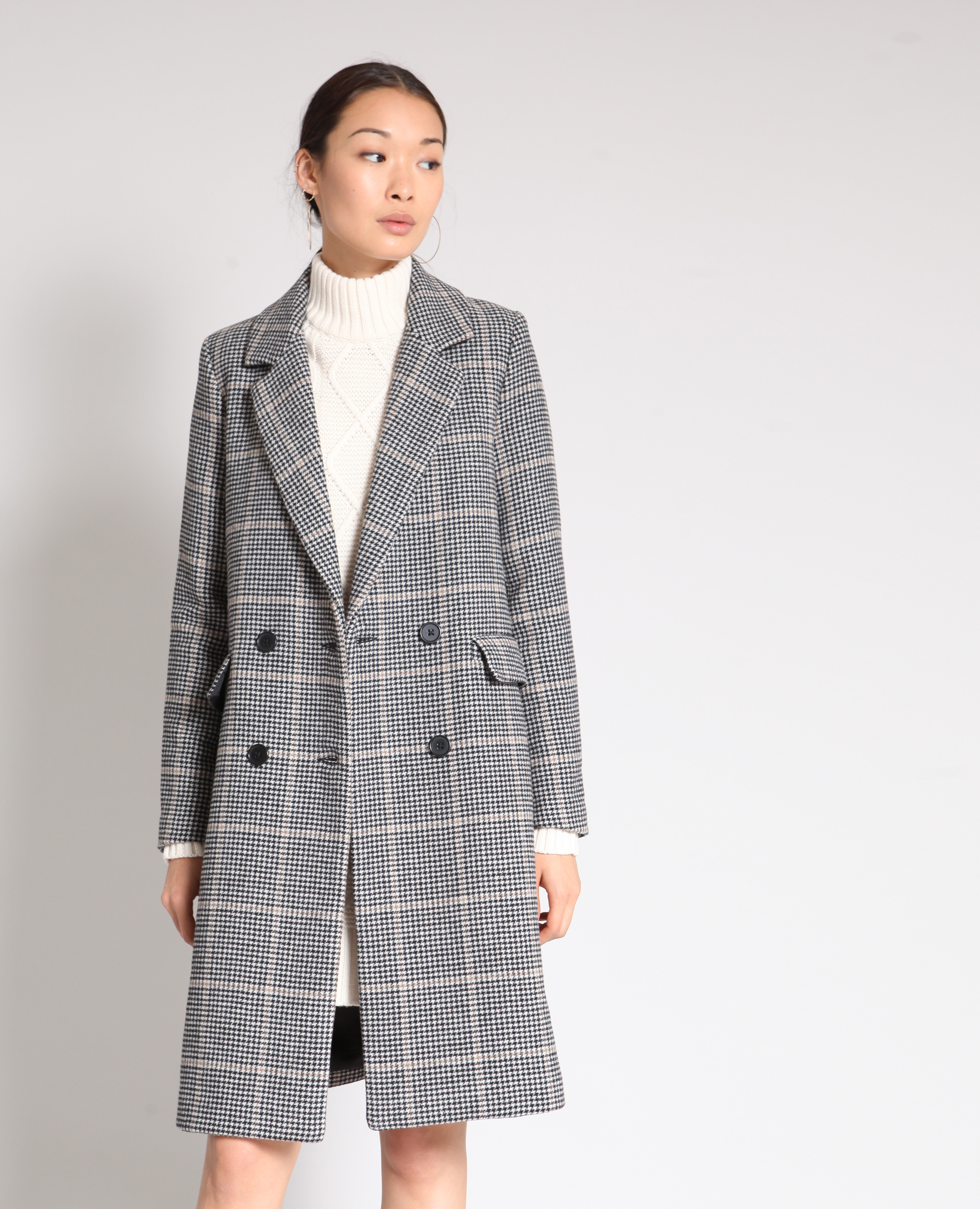 Manteau long pied de poule beige - Pimkie