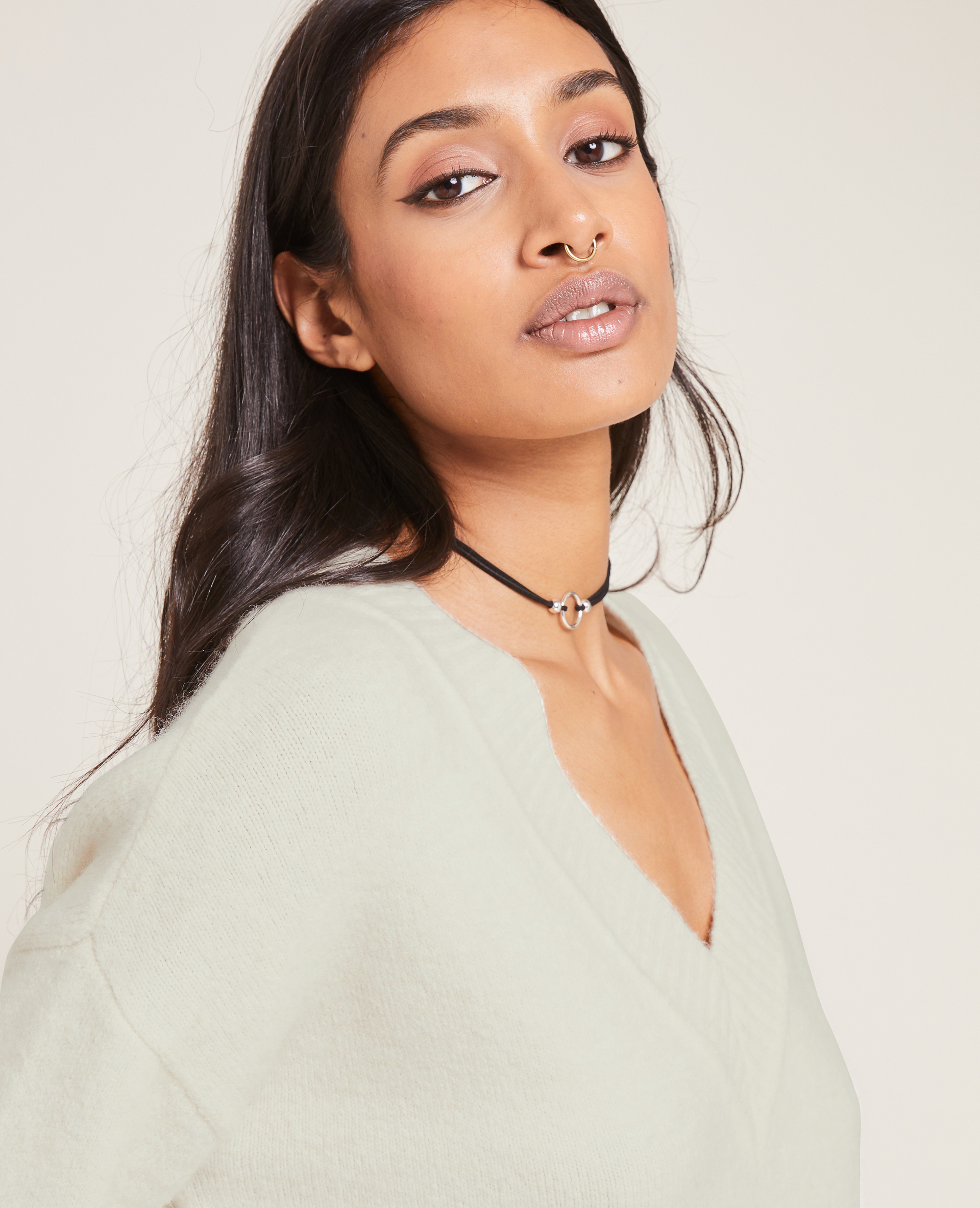 Pull grand col V blanc - Pimkie