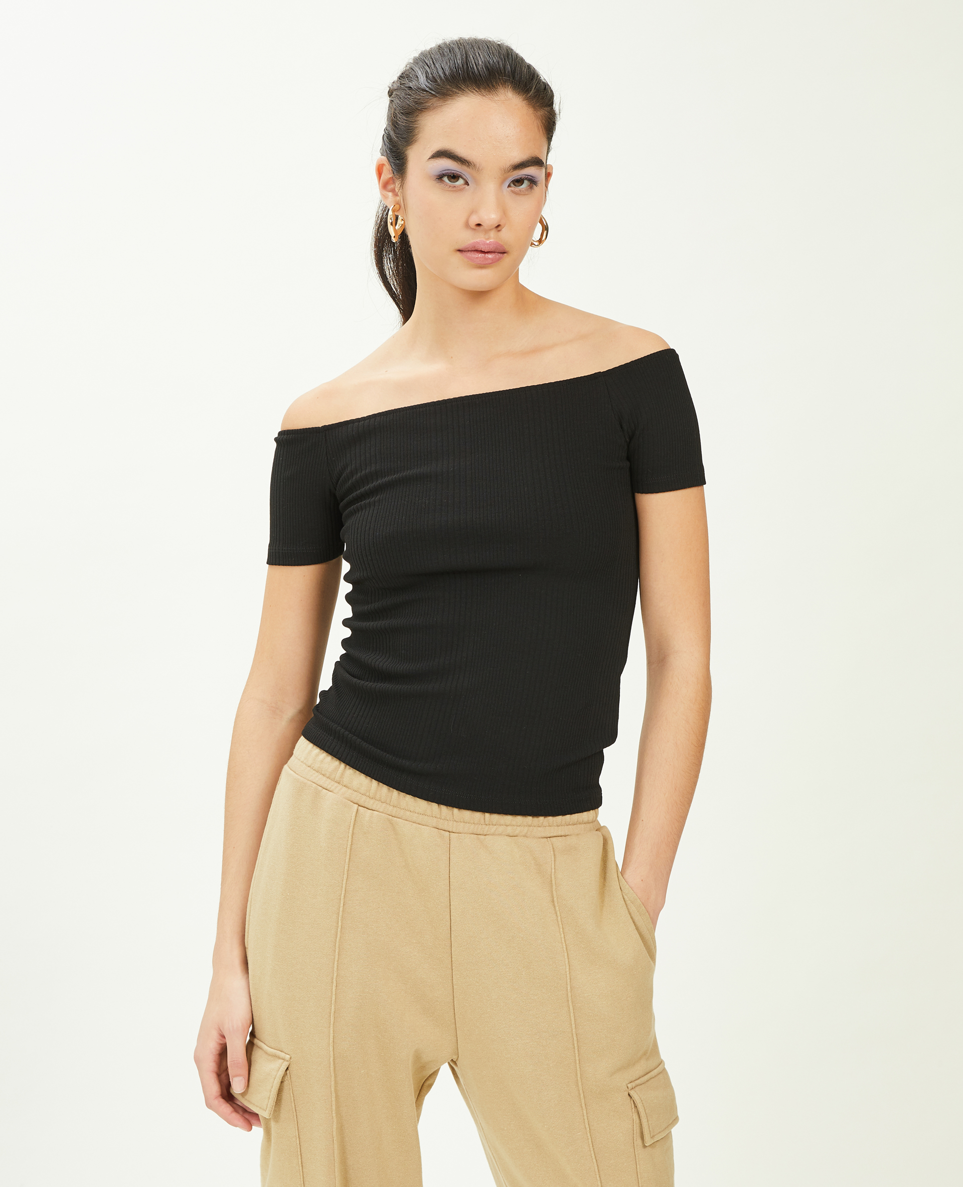Top encolure Bardot maille côtelée noir - Pimkie