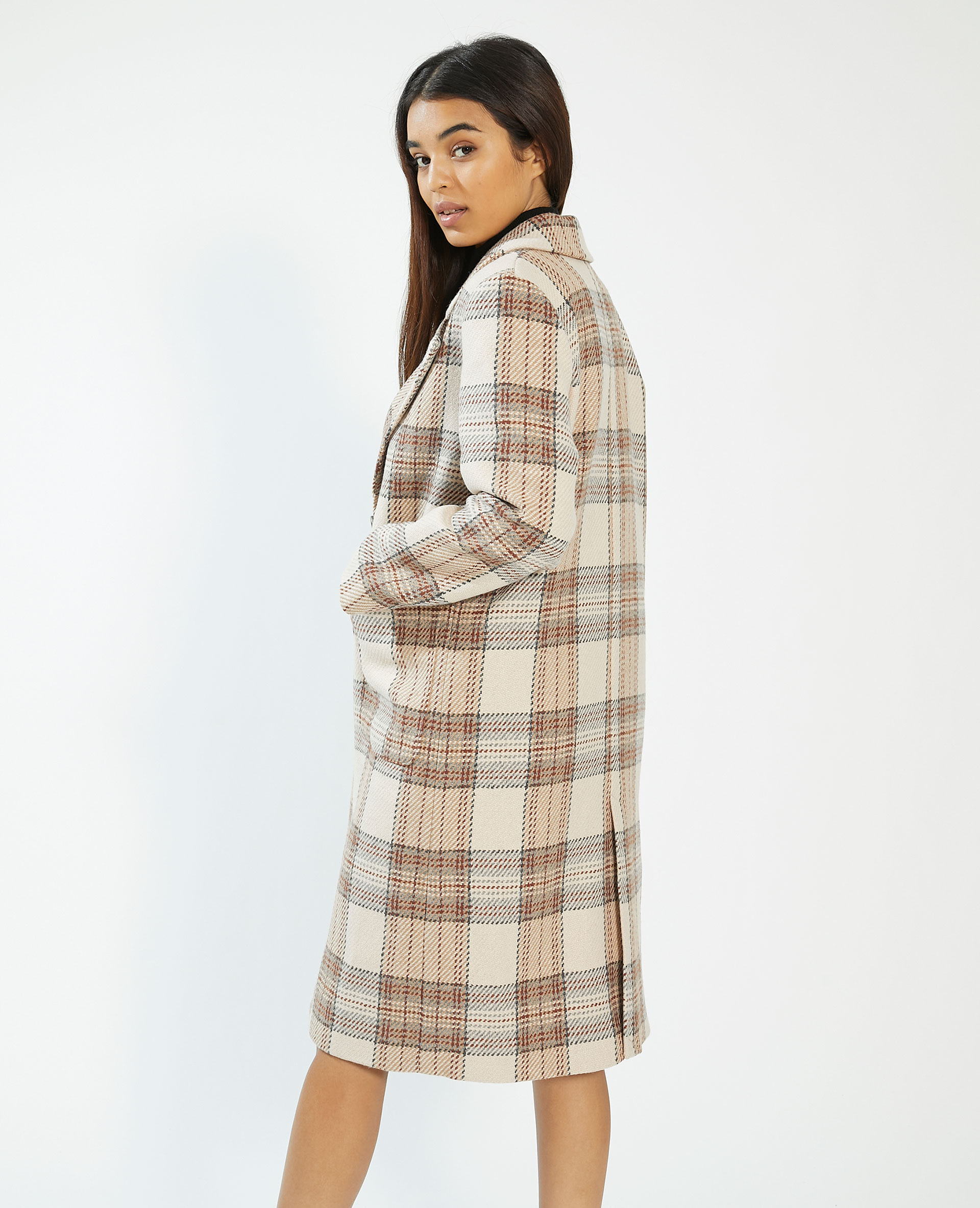 Manteau long à carreaux taupe - Pimkie