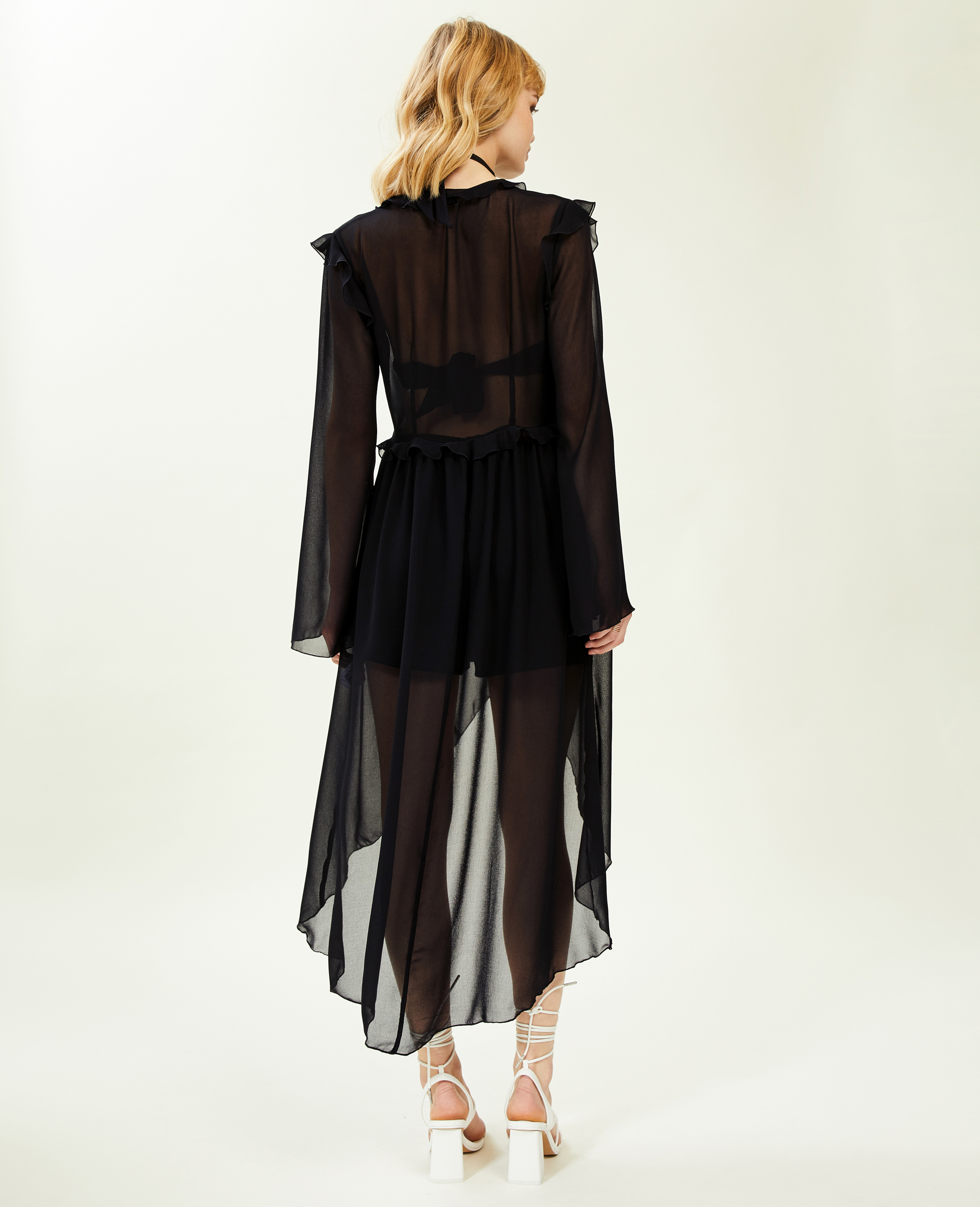 Longue blouse transparente avec volants noir - Pimkie