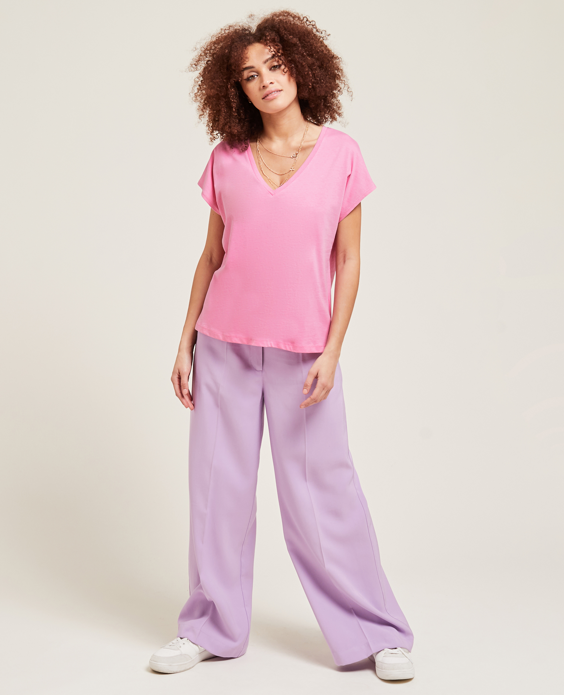 T-shirt col V manches courtes rose - Pimkie