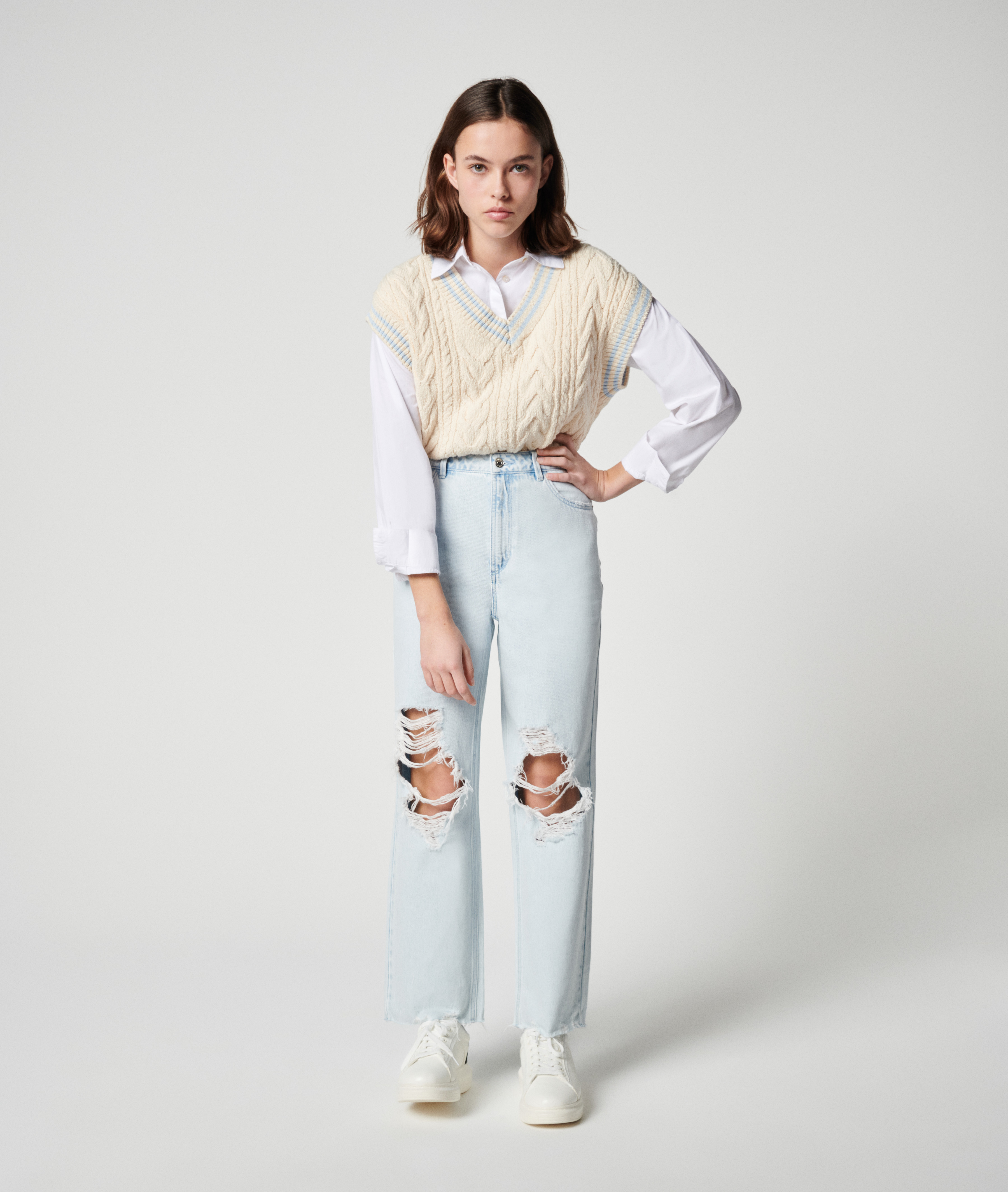 Jean straight taille haute trashé bleu clair - Pimkie