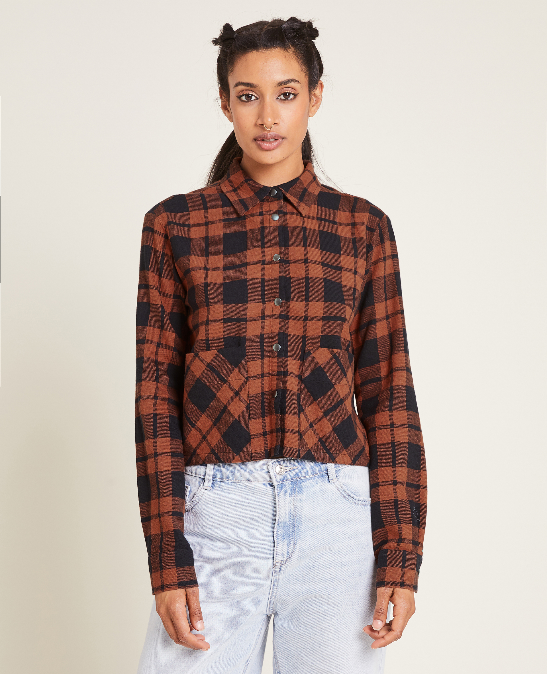Chemise courte à carreaux orange - Pimkie