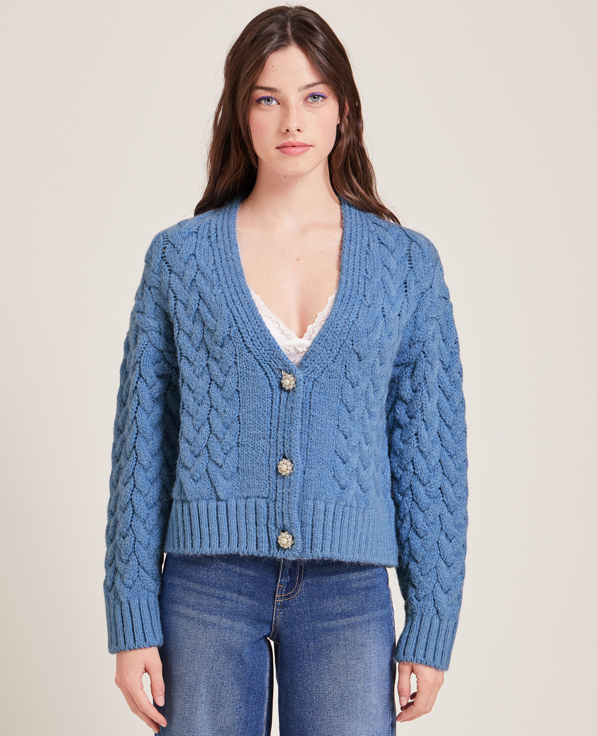Gilet maille fantaisie bouton perles bleu - Pimkie