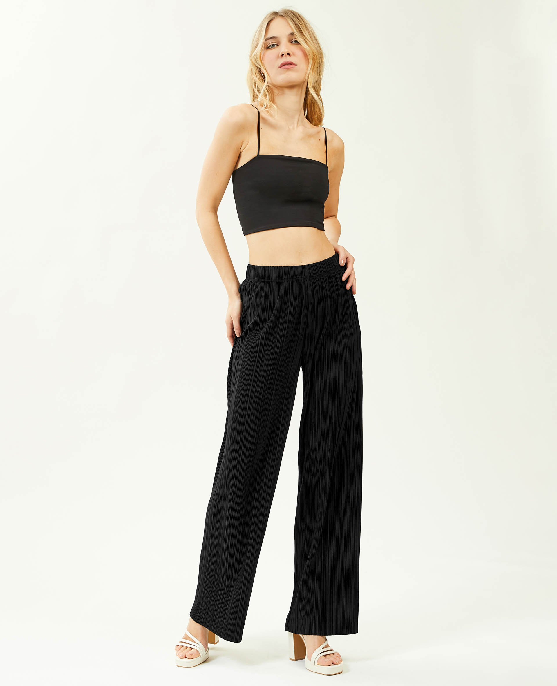 Pantalon large maille plissée noir - Pimkie