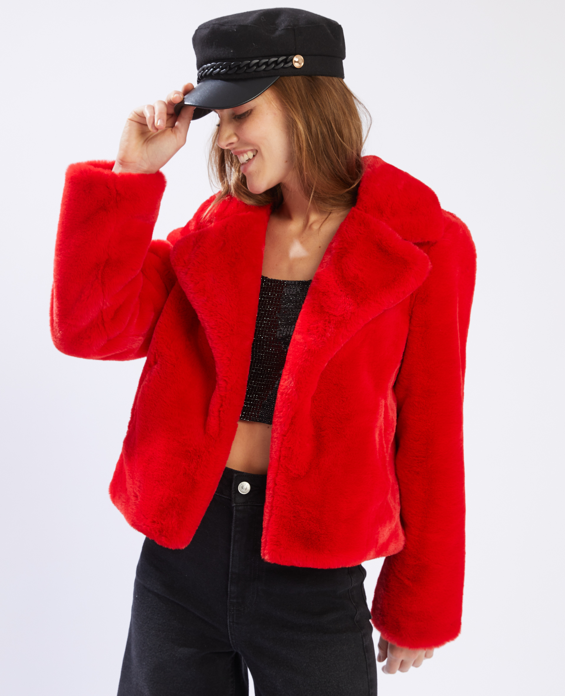 Veste moumoute rouge outlet