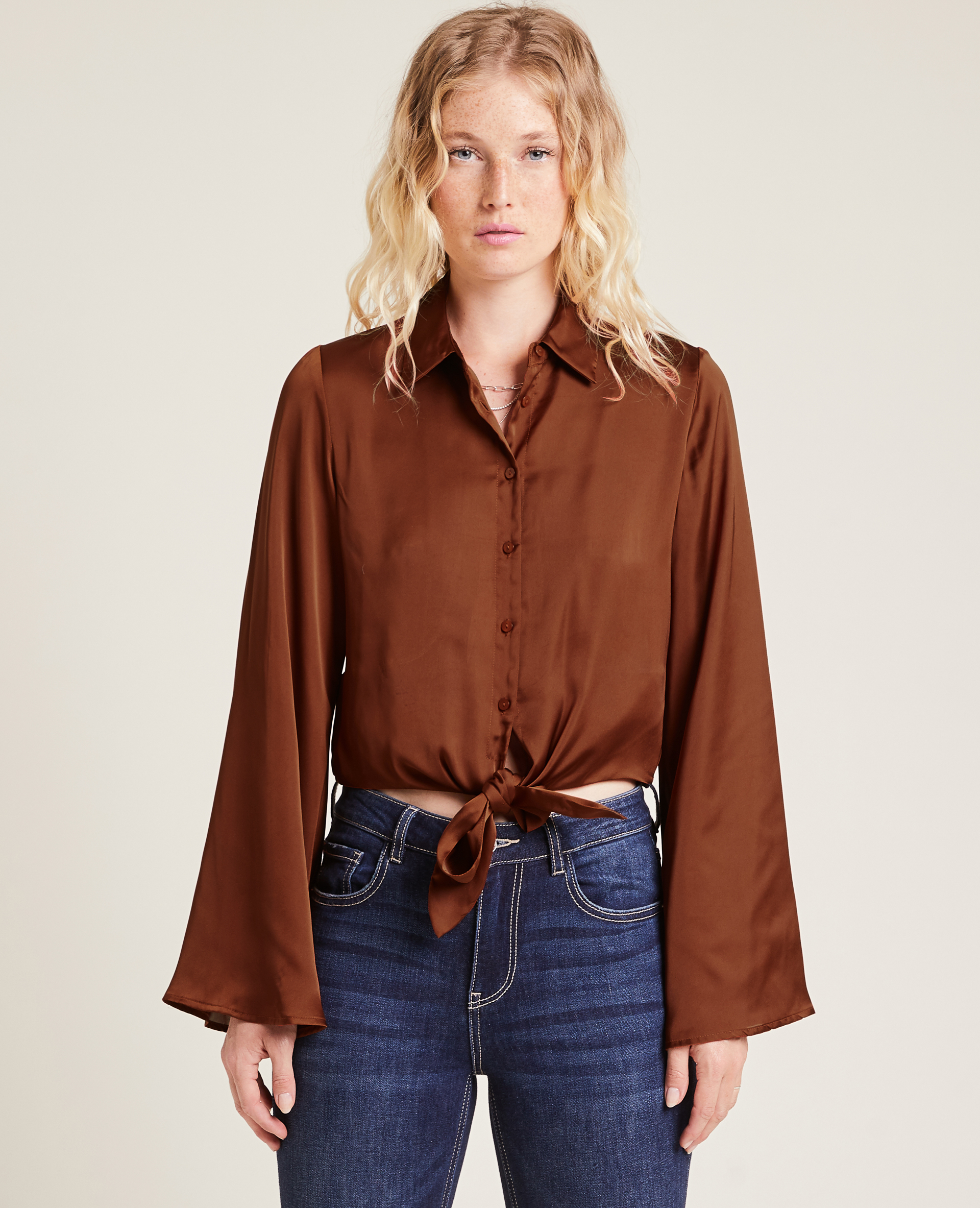 Chemise satinée à nouer orange - Pimkie