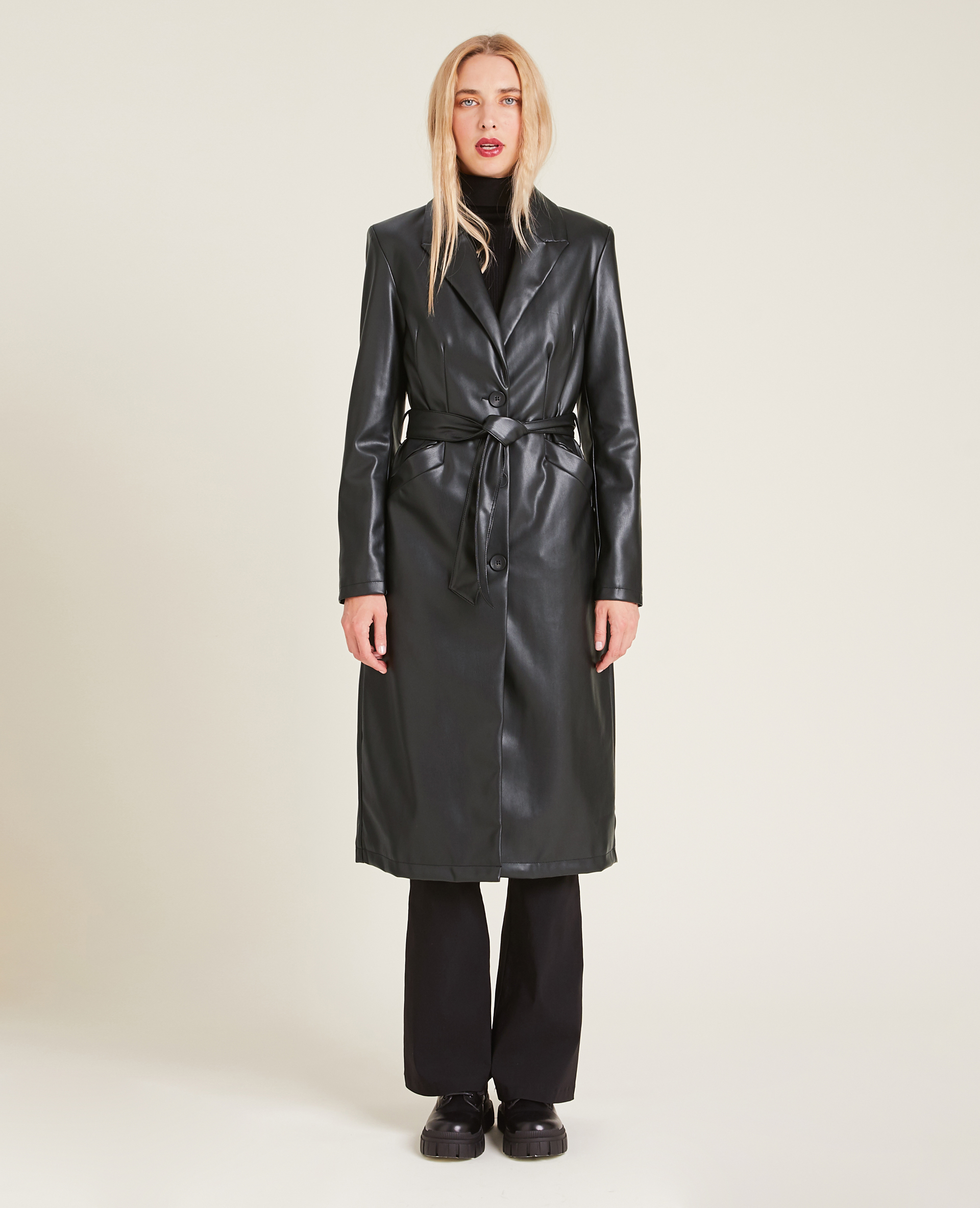Manteau long simili cuir noir - Pimkie