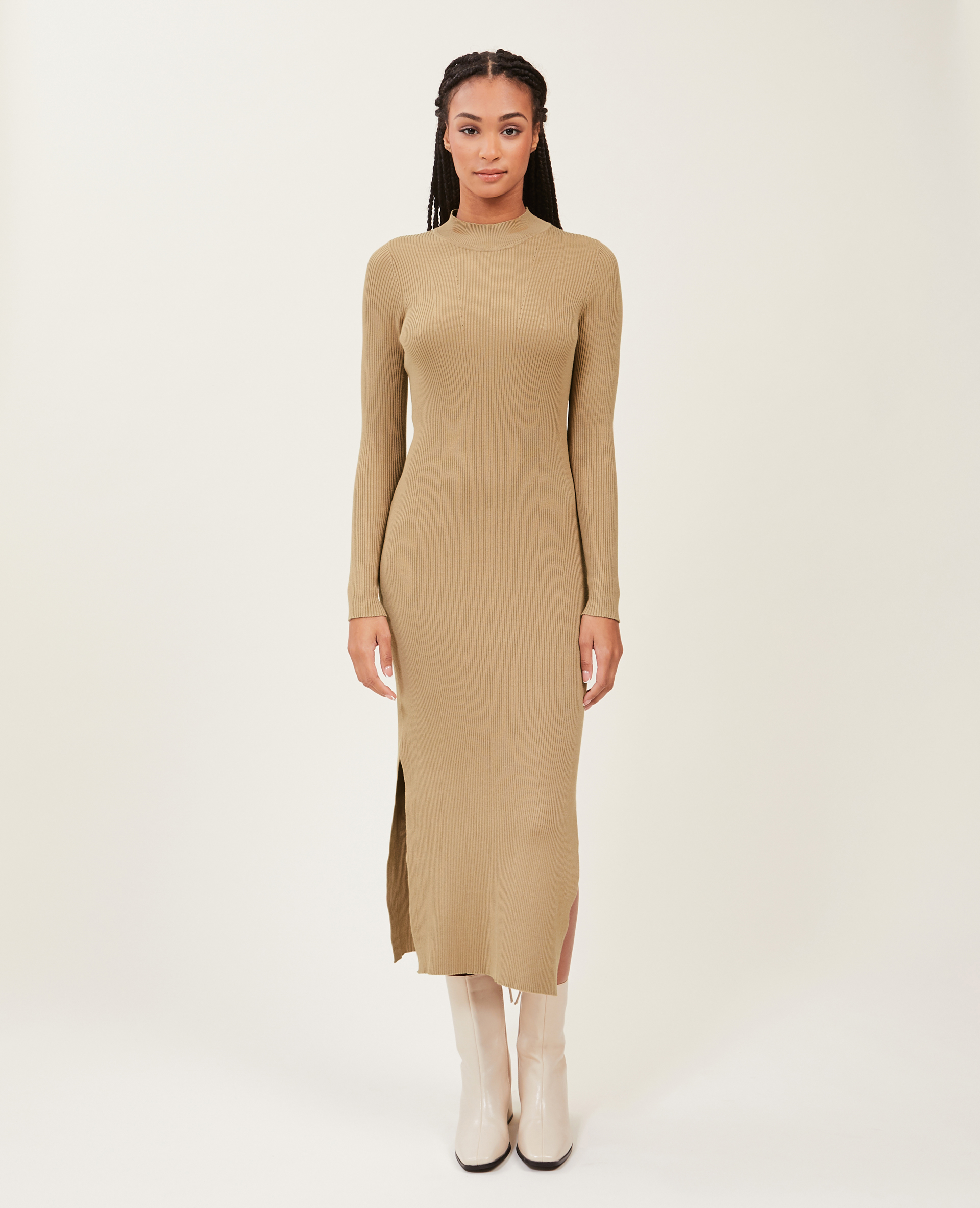 Robe longue en maille côtelée beige - Pimkie