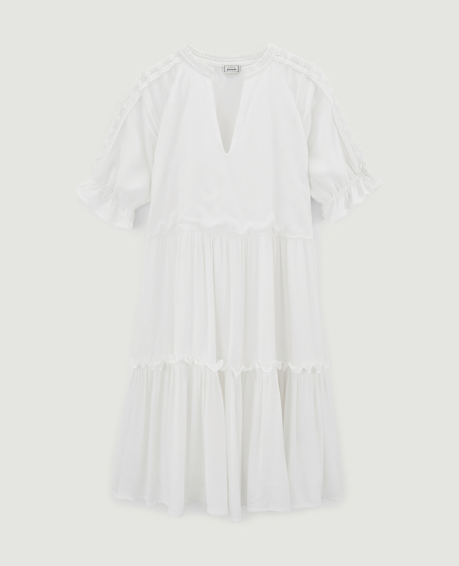 Robe courte avec dentelle et volants blanc cassé - Pimkie